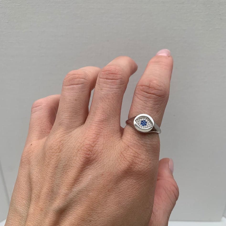 Sterling Silver Evil Eye Signet Ring | Blue & White CZ | Size 8 - Thumbnail 2