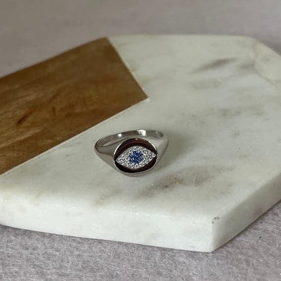 Sterling Silver Evil Eye Signet Ring | Blue & White CZ | Size 8 - Thumbnail 3