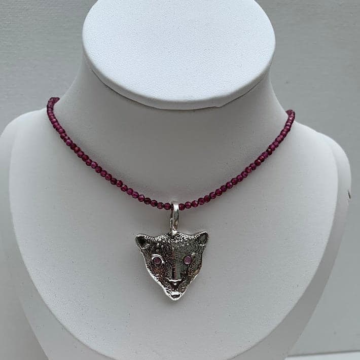 Handmade .999 Fine Silver Jaguar Pendant | Pink CZ Eyes - Thumbnail 4