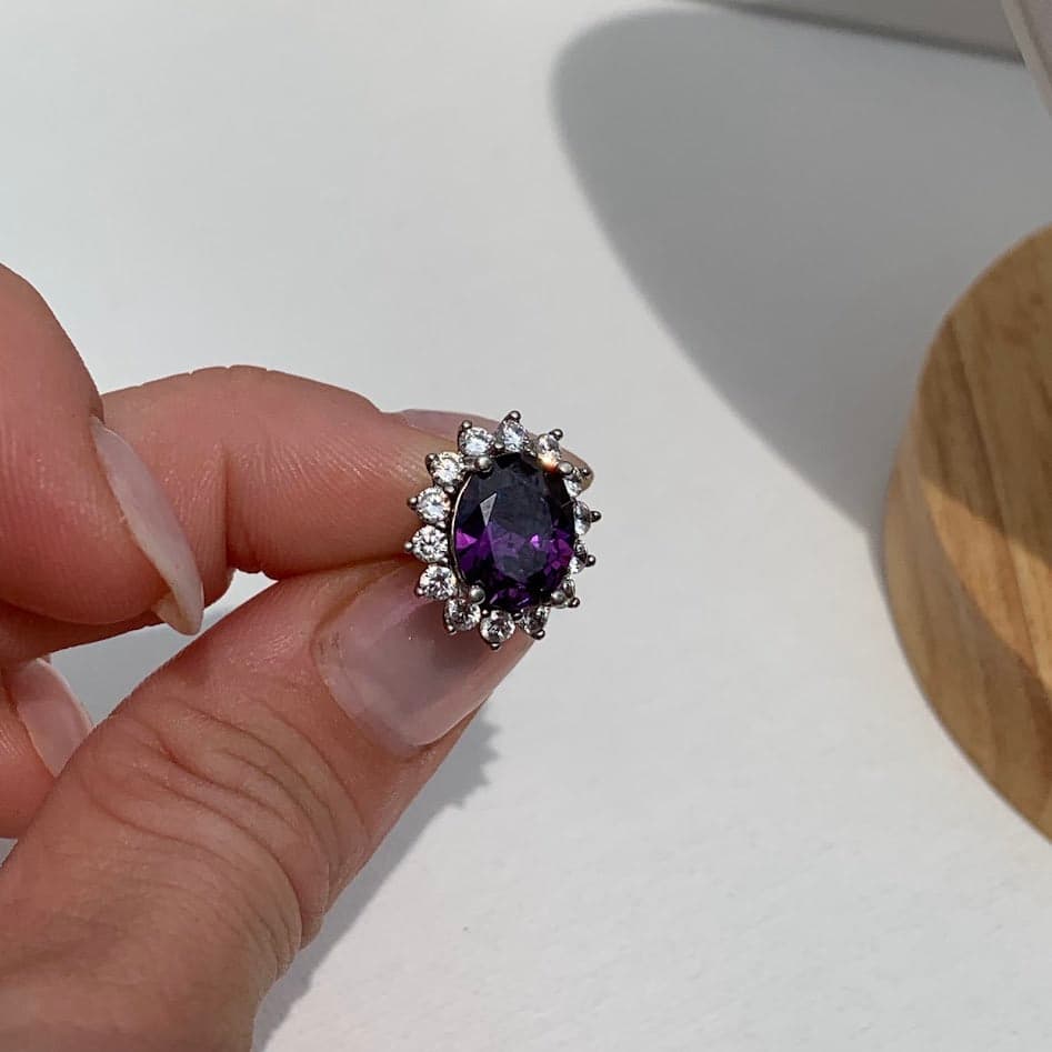 Vintage Sterling Silver Purple Gemstone Halo Stud Earrings - Thumbnail 2