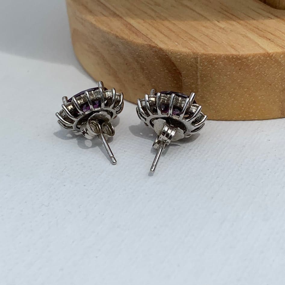 Vintage Sterling Silver Purple Gemstone Halo Stud Earrings - Thumbnail 3