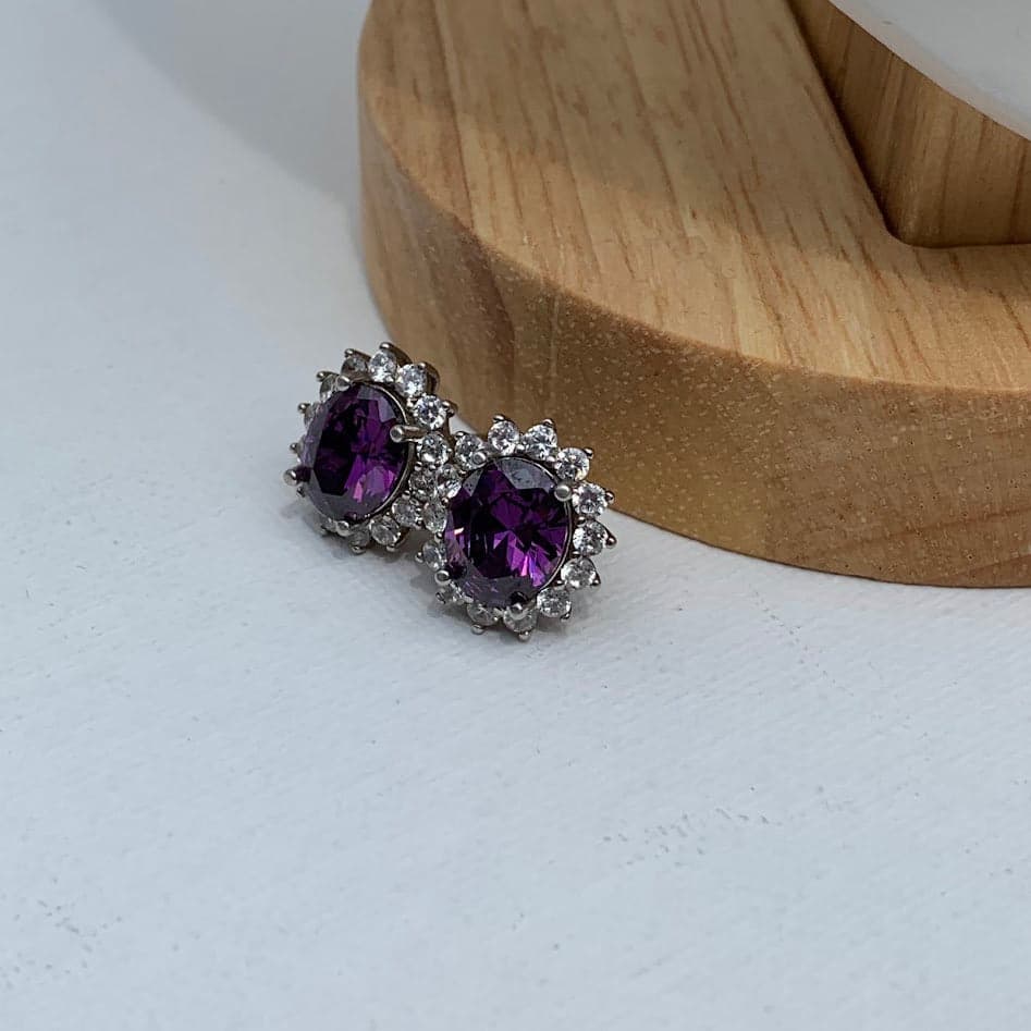 Vintage Sterling Silver Purple Gemstone Halo Stud Earrings - Thumbnail 4