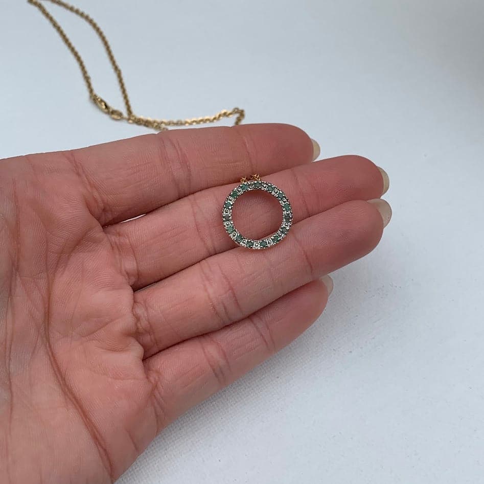10K Gold Emerald Circle Pendant | Diamond Accent Halo | Eternal Circle - Thumbnail 2