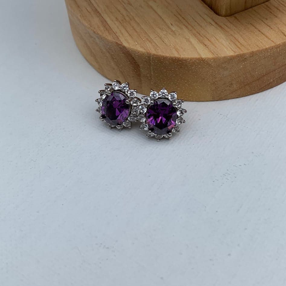 Vintage Sterling Silver Purple Gemstone Halo Stud Earrings - Thumbnail 5