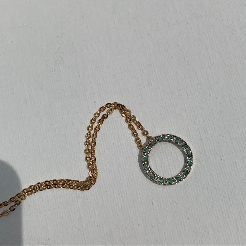 10K Gold Emerald Circle Pendant | Diamond Accent Halo | Eternal Circle - Thumbnail 3