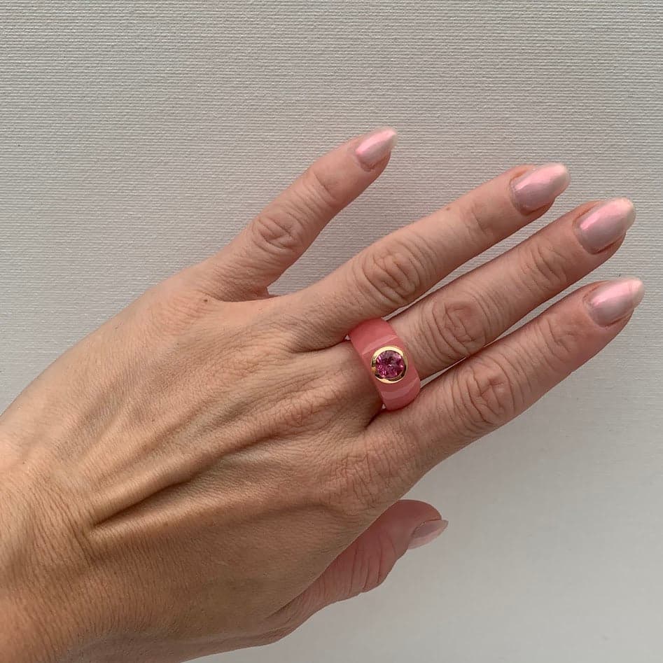 Pink Jade Ring with 14K Gold Bezel | Size 6.75 - Thumbnail 2