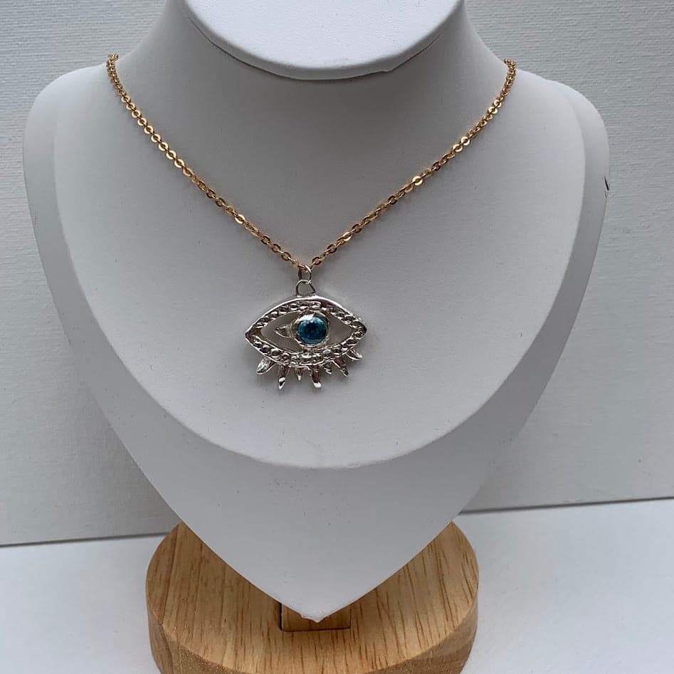 Handmade .999 Fine Silver Evil Eye Pendant | Blue CZ | Protective Symbol - Thumbnail 5