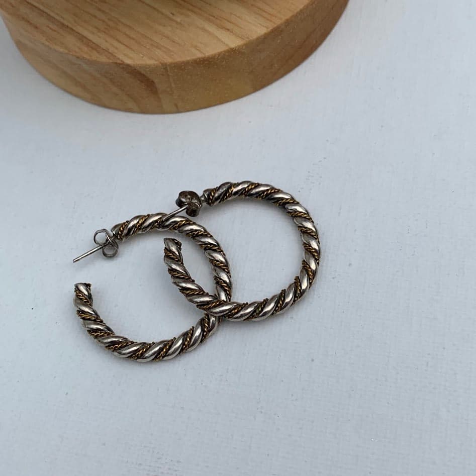 Sterling Silver Two-Tone Twisted Hoop Earrings | Chunky Rope Hoops - Thumbnail 2