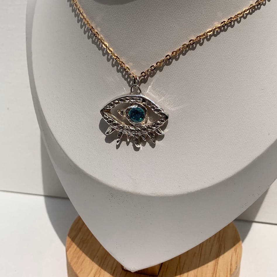 Handmade .999 Fine Silver Evil Eye Pendant | Blue CZ | Protective Symbol - Thumbnail 2