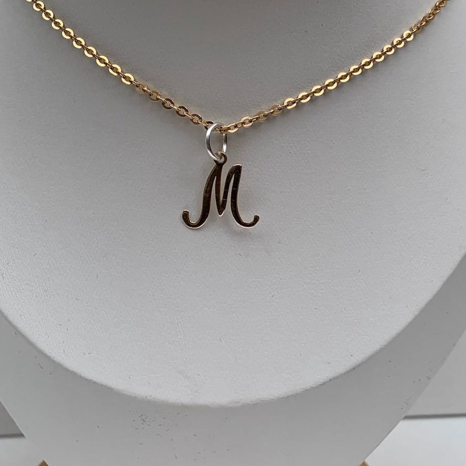 9K Gold Script Letter M Pendant with Sterling Silver Bail - Thumbnail 3