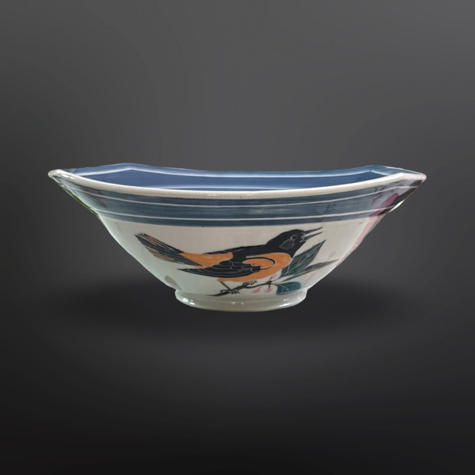 Studio Pottery Bowl with Hand Painted Orioles and Florals Signed - Thumbnail 2