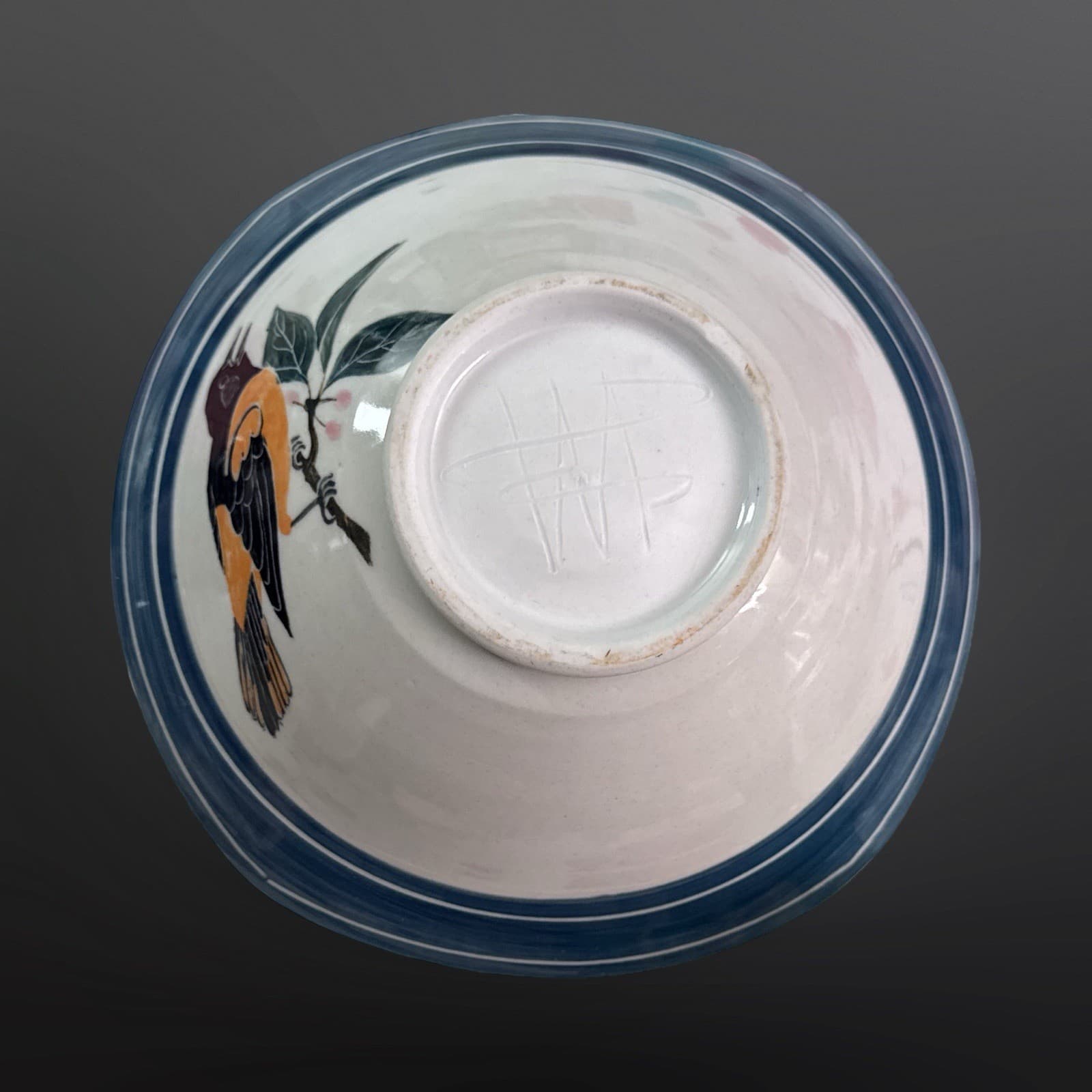 Studio Pottery Bowl with Hand Painted Orioles and Florals Signed - Thumbnail 7