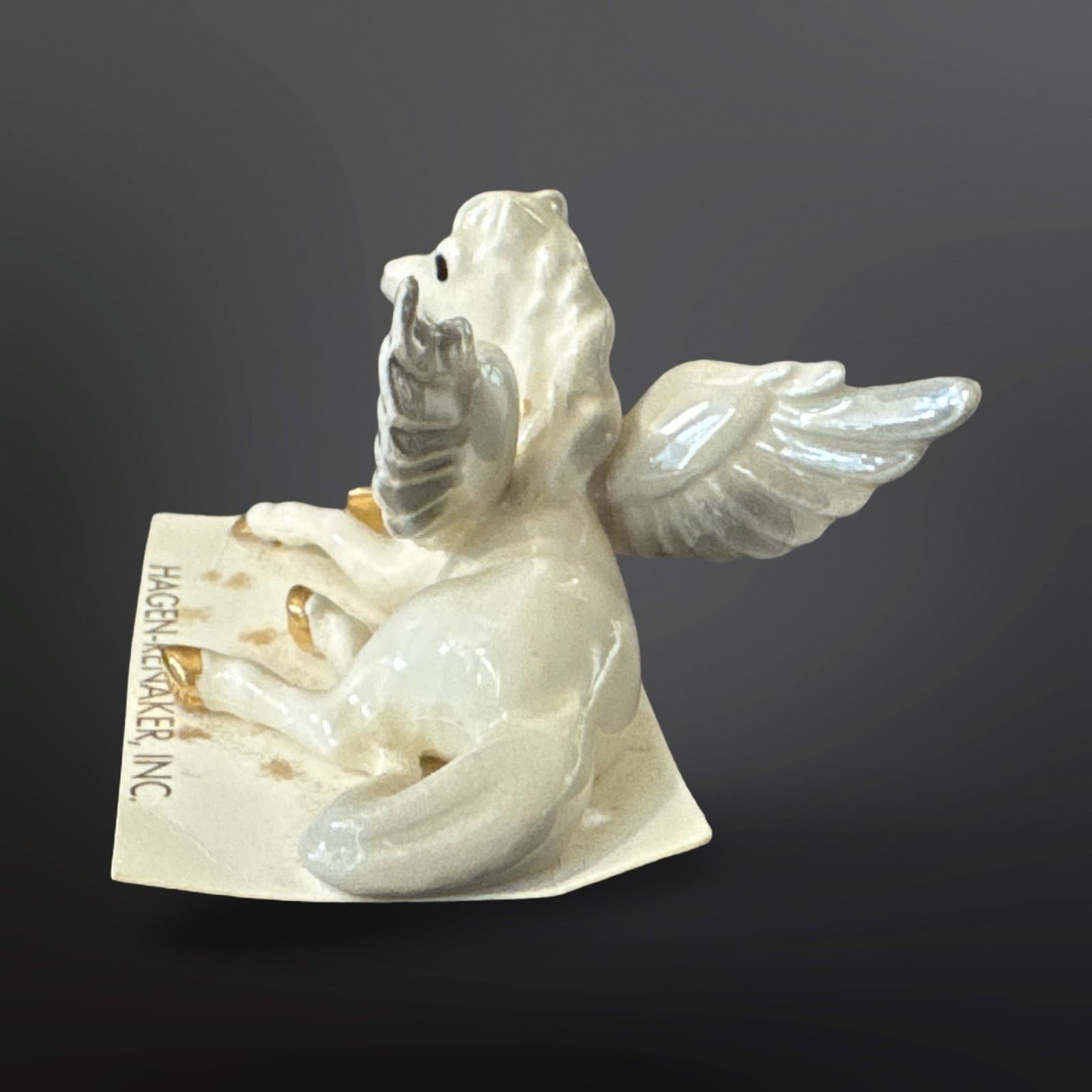 Hagen Renaker Lying Pegasus Figurine On Card White Gold Blue Flowers 2” Vintage - Thumbnail 4