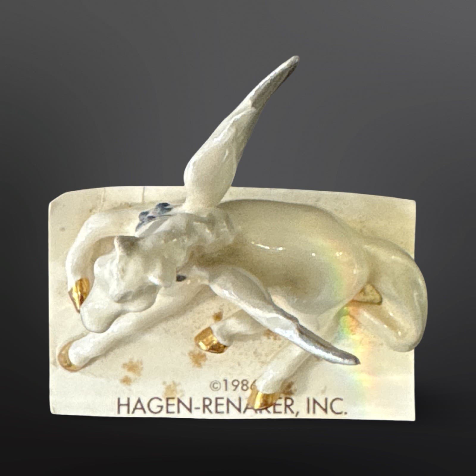 Hagen Renaker Lying Pegasus Figurine On Card White Gold Blue Flowers 2” Vintage - Thumbnail 5