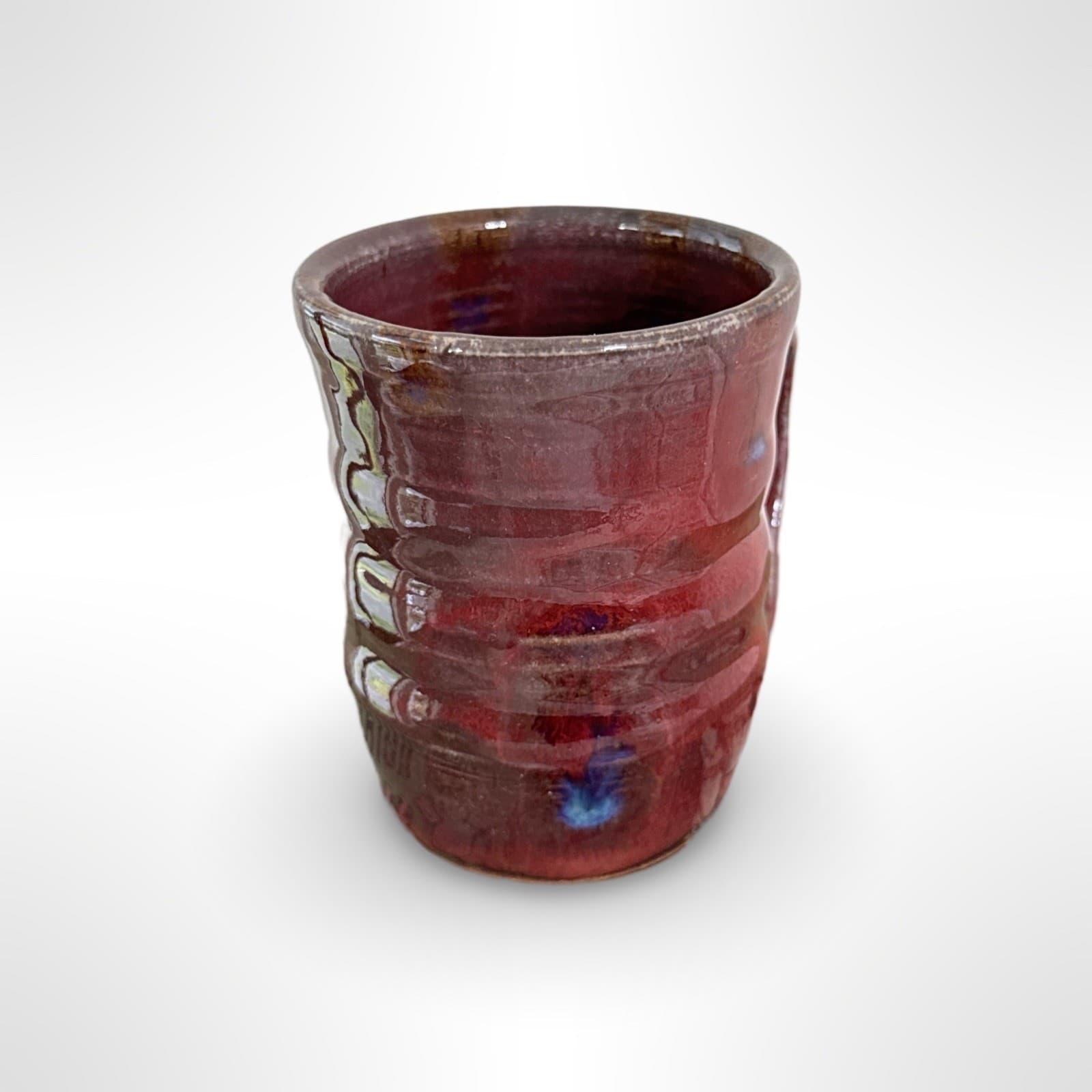 Hand Thrown Studio Art Pottery Drip Glaze Mug Hidden Handle Red Artist Signed - Thumbnail 4