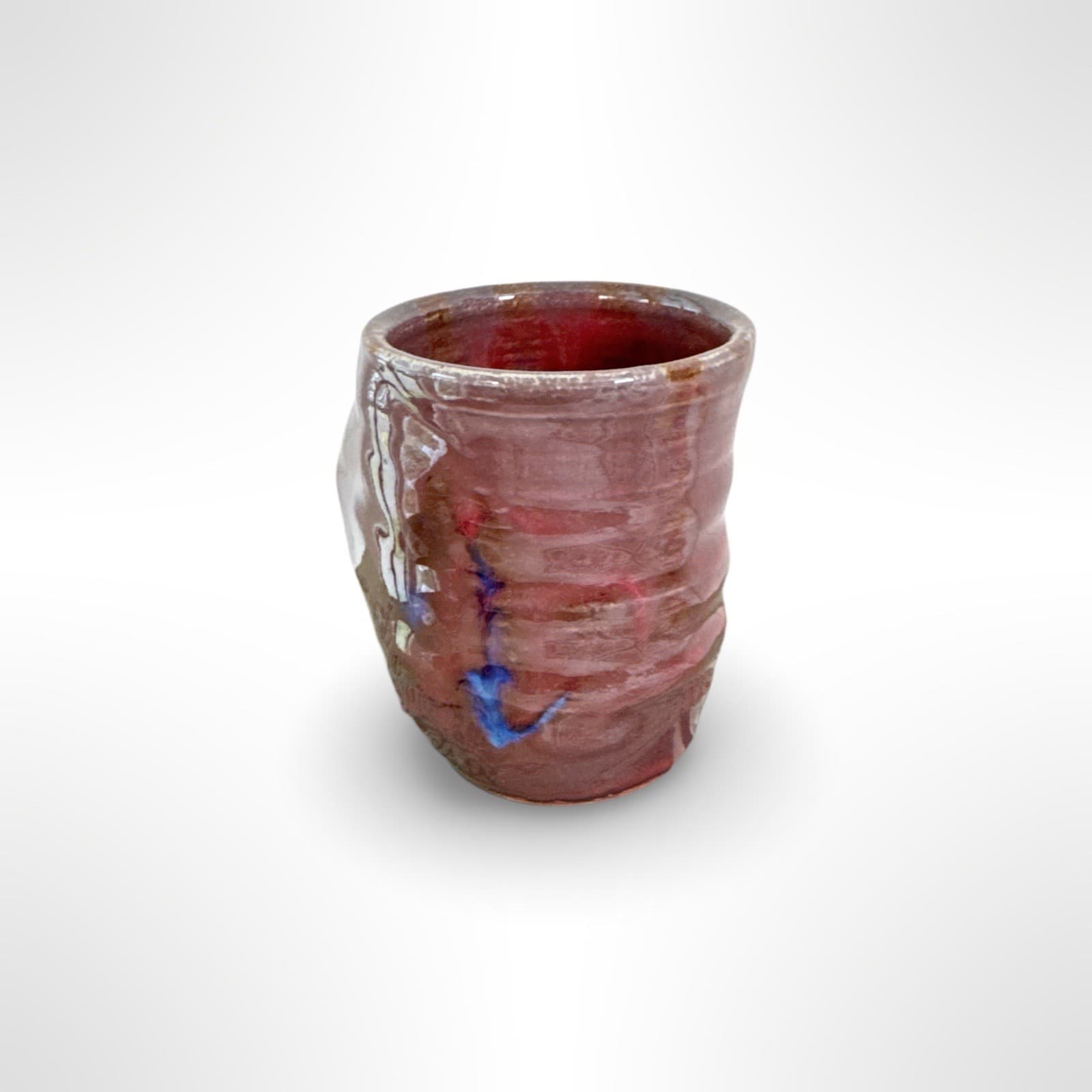 Hand Thrown Studio Art Pottery Drip Glaze Mug Hidden Handle Red Artist Signed - Thumbnail 3