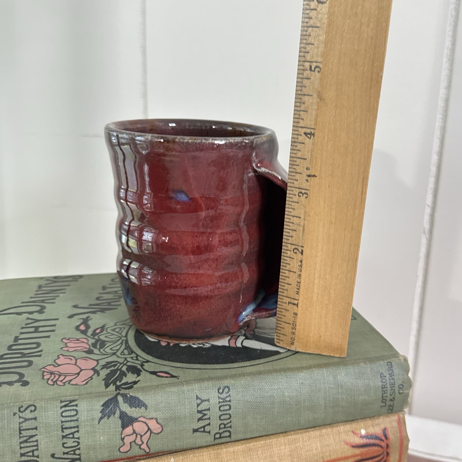 Hand Thrown Studio Art Pottery Drip Glaze Mug Hidden Handle Red Artist Signed - Thumbnail 7