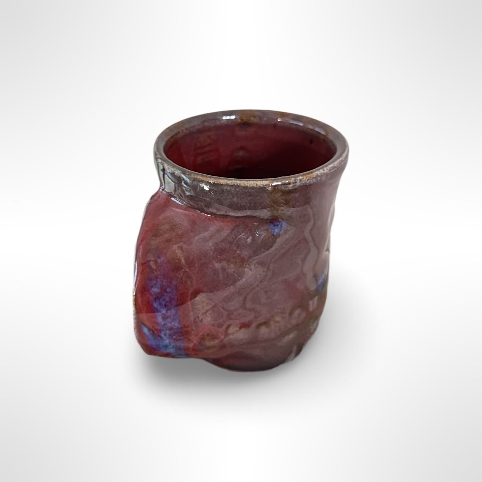 Hand Thrown Studio Art Pottery Drip Glaze Mug Hidden Handle Red Artist Signed - Thumbnail 2