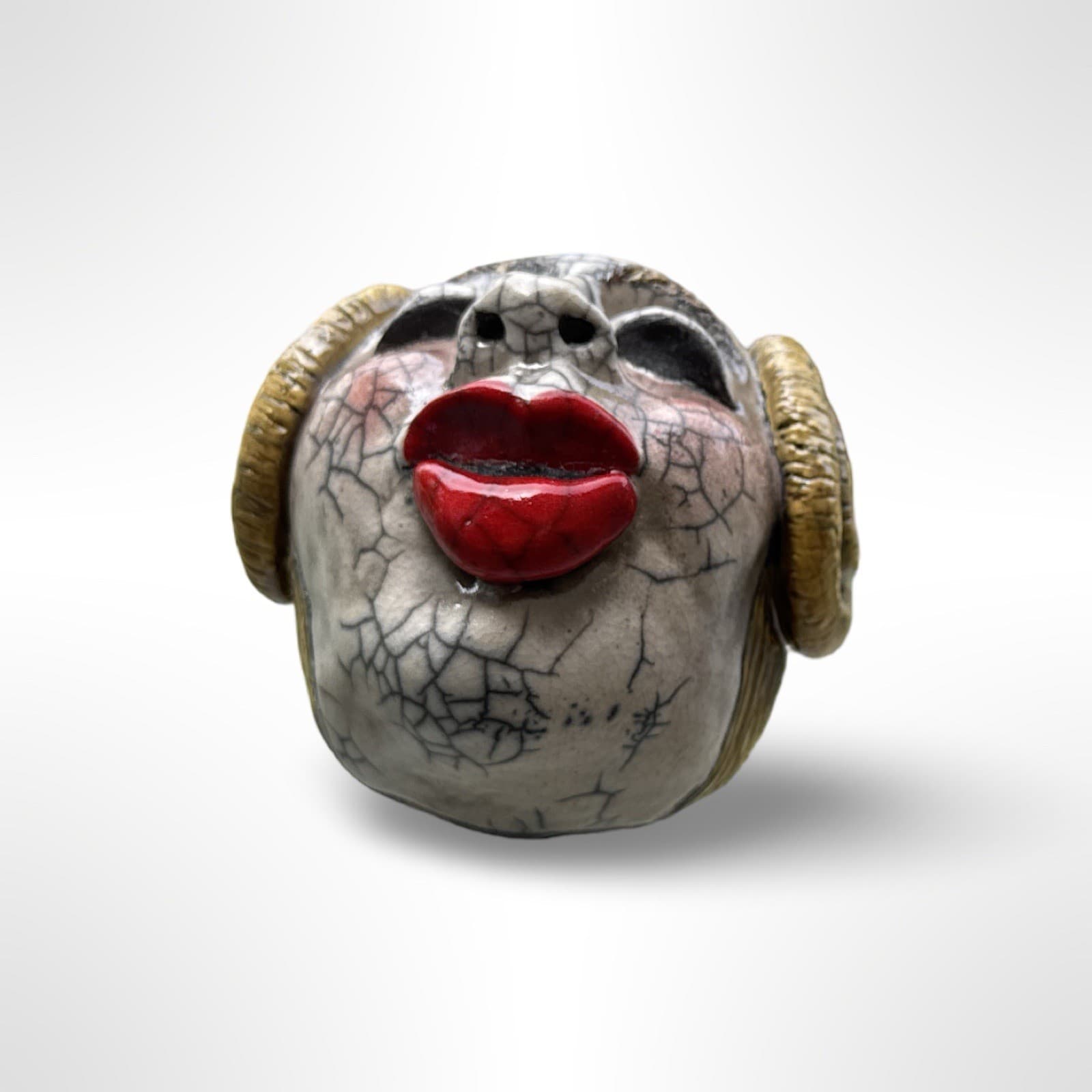 Raku Pottery Deva Spirit Head Rattle Princess Leia Hair Artist Signed Amendela - Thumbnail 5