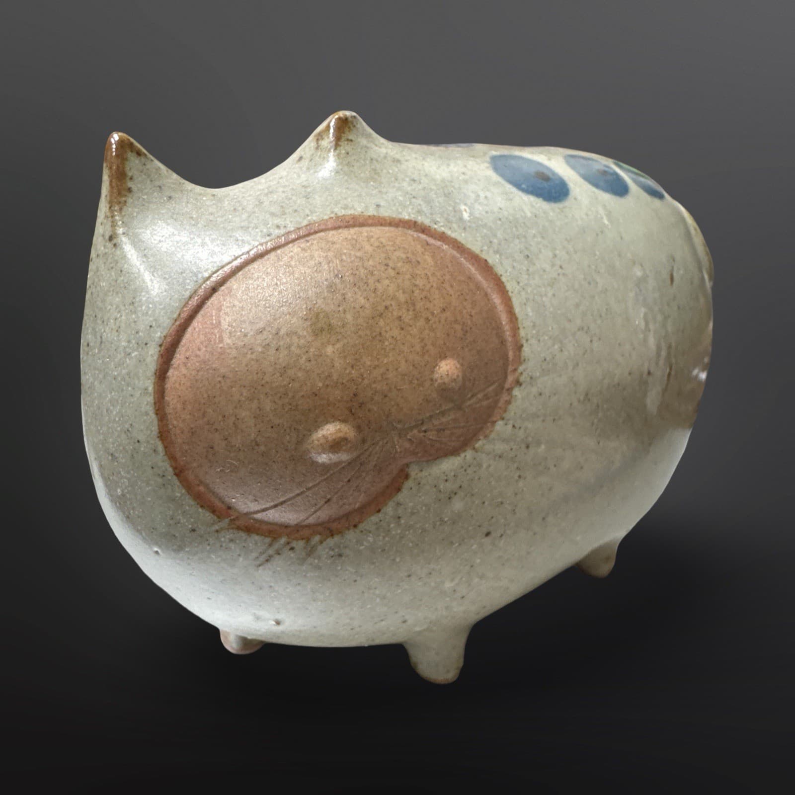 Vintage Chunky Cat Figurine UCTCI Japan Stoneware Gray Blue Dots RARE - Thumbnail 2