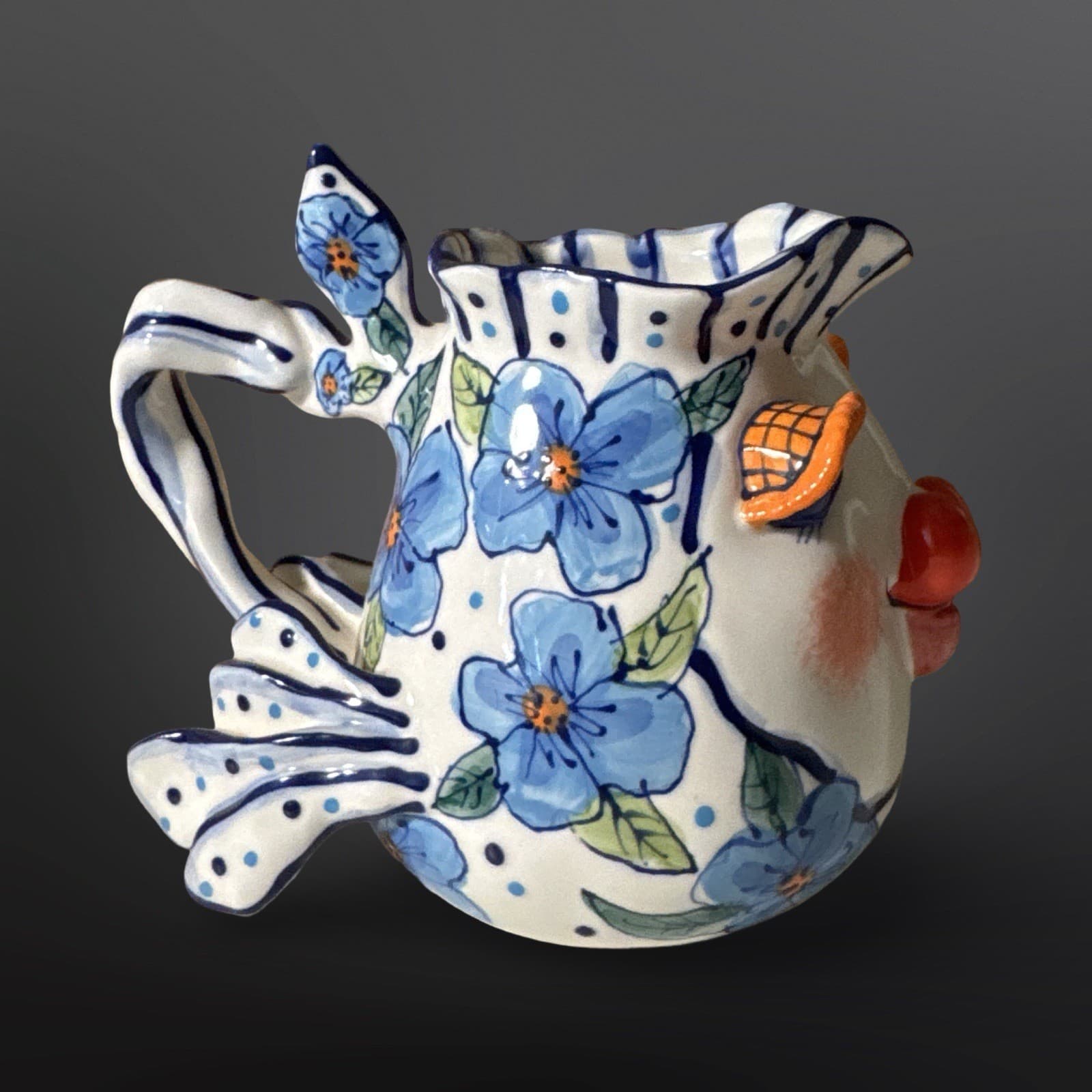Vtg Blue Sky Clayworks Fish Creamer Diane Artware Ceramic Blue Flower Signed - Thumbnail 4