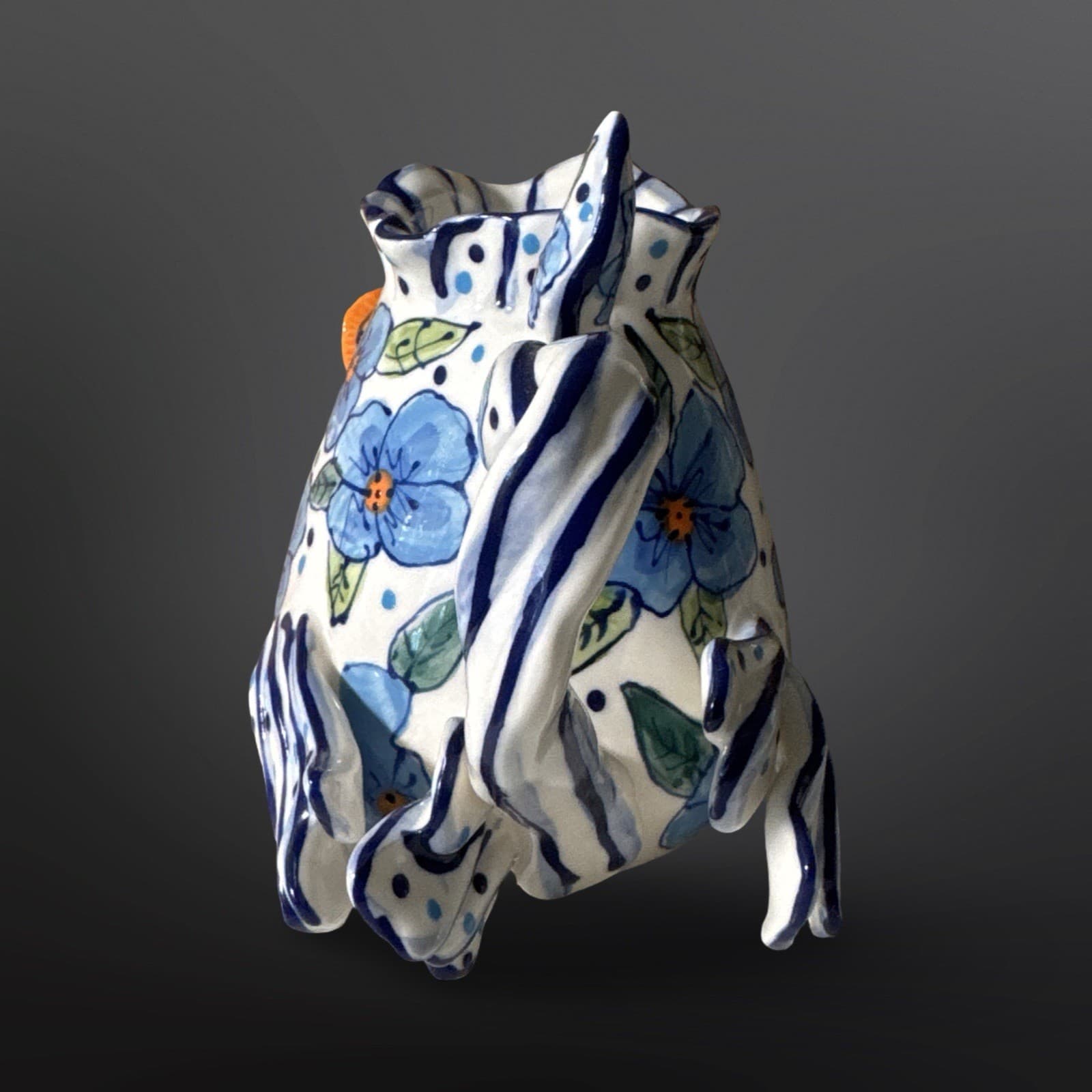 Vtg Blue Sky Clayworks Fish Creamer Diane Artware Ceramic Blue Flower Signed - Thumbnail 3