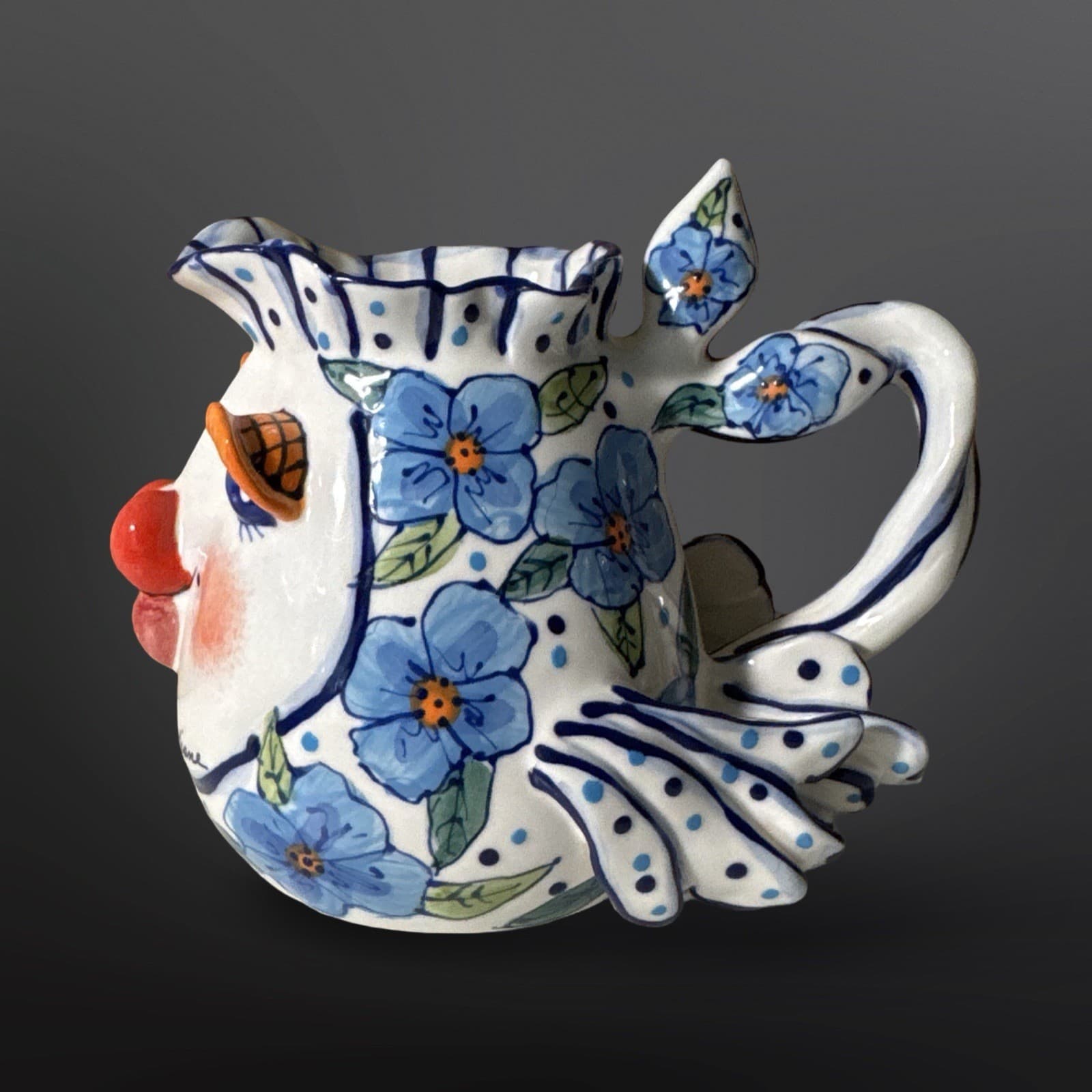 Vtg Blue Sky Clayworks Fish Creamer Diane Artware Ceramic Blue Flower Signed - Thumbnail 2