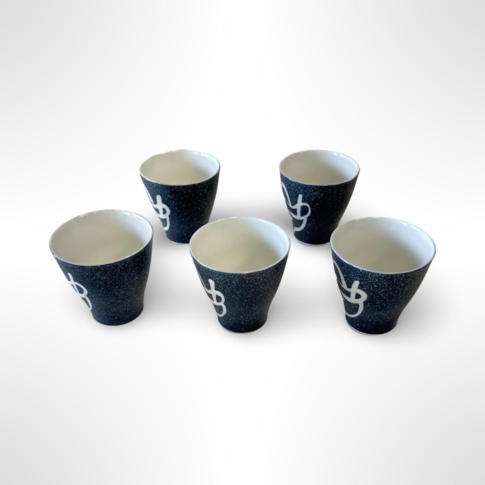 Vintage Japanese Sake Cups Porcelain Blue Abstract Design Set Of 5 - Thumbnail 2