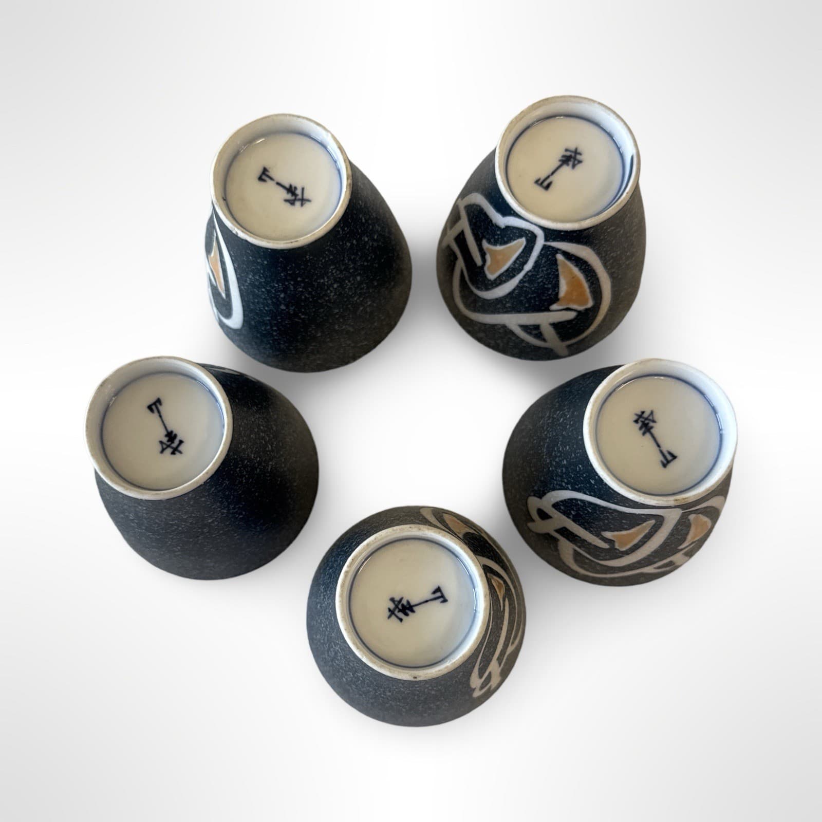 Vintage Japanese Sake Cups Porcelain Blue Abstract Design Set Of 5 - Thumbnail 6