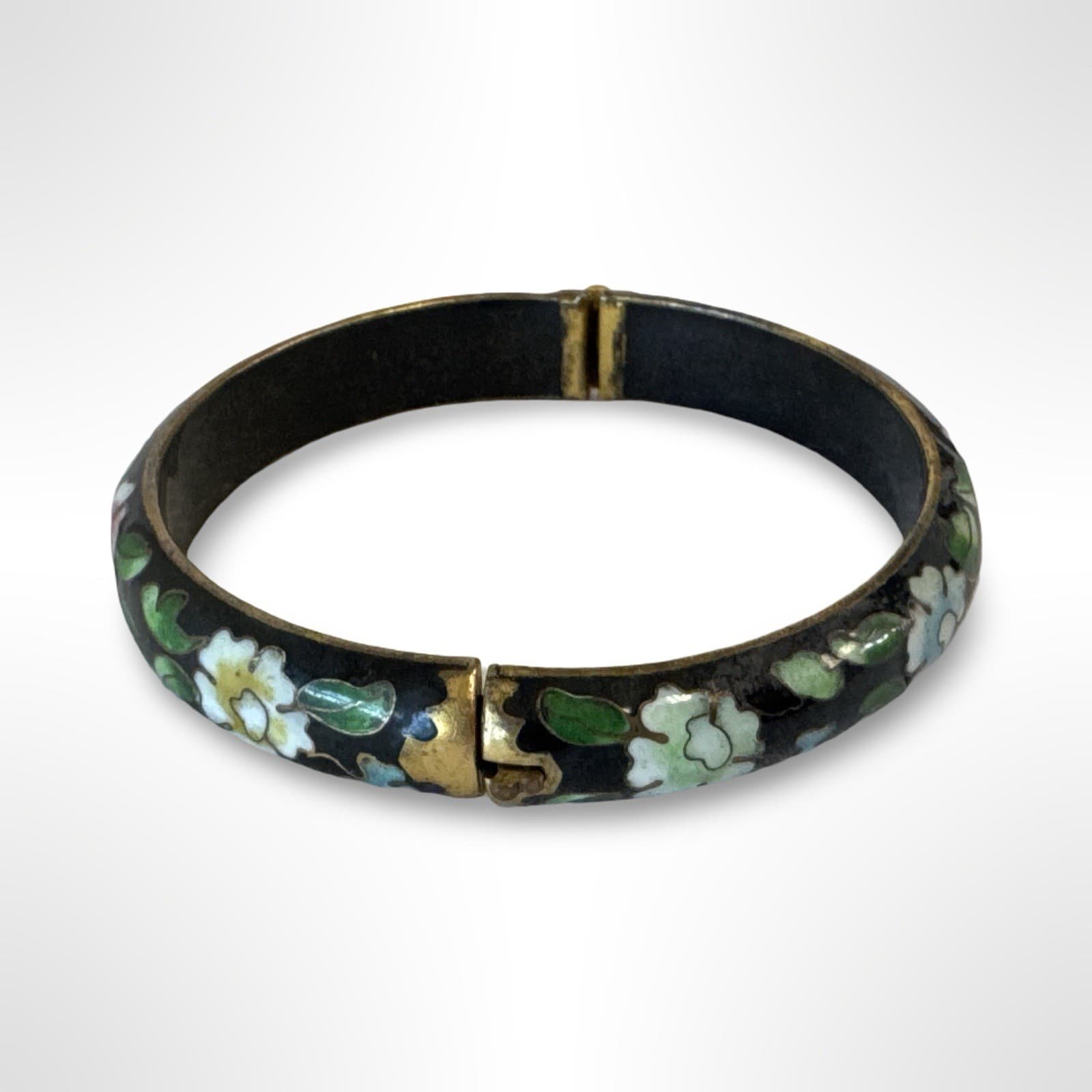 Vintage Cloisonné Bracelet Bangle Hinged Black Enamel Blue Pink White Flowers - Thumbnail 2