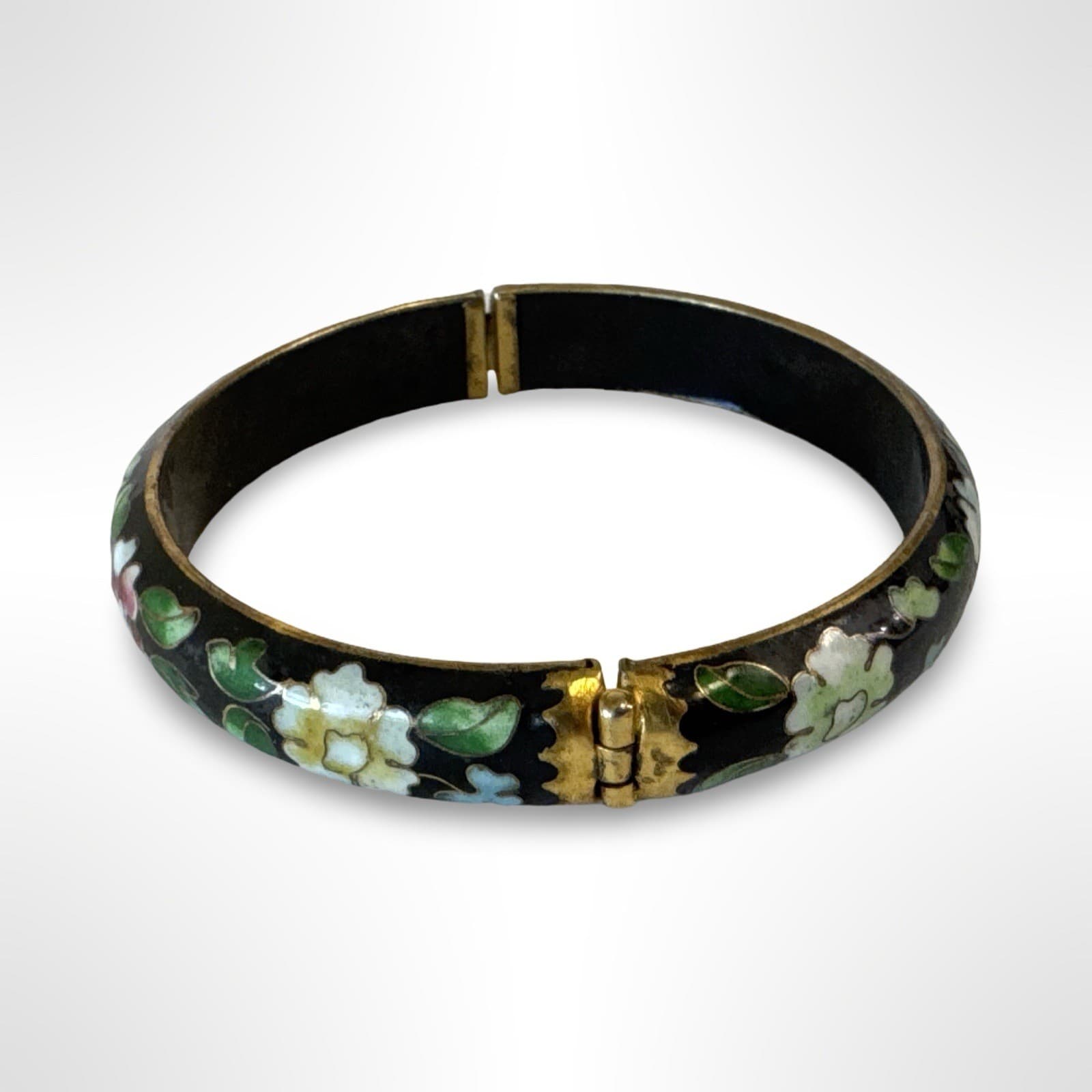Vintage Cloisonné Bracelet Bangle Hinged Black Enamel Blue Pink White Flowers - Thumbnail 4