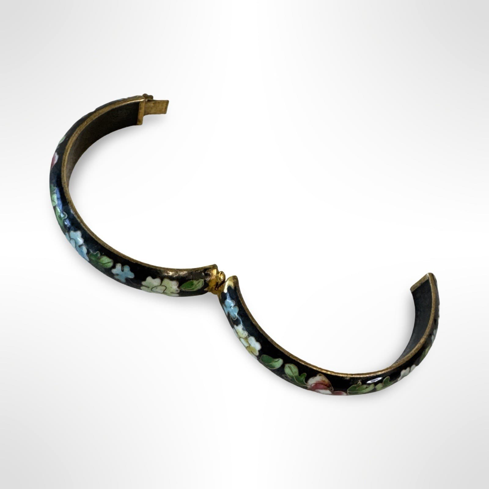 Vintage Cloisonné Bracelet Bangle Hinged Black Enamel Blue Pink White Flowers - Thumbnail 5