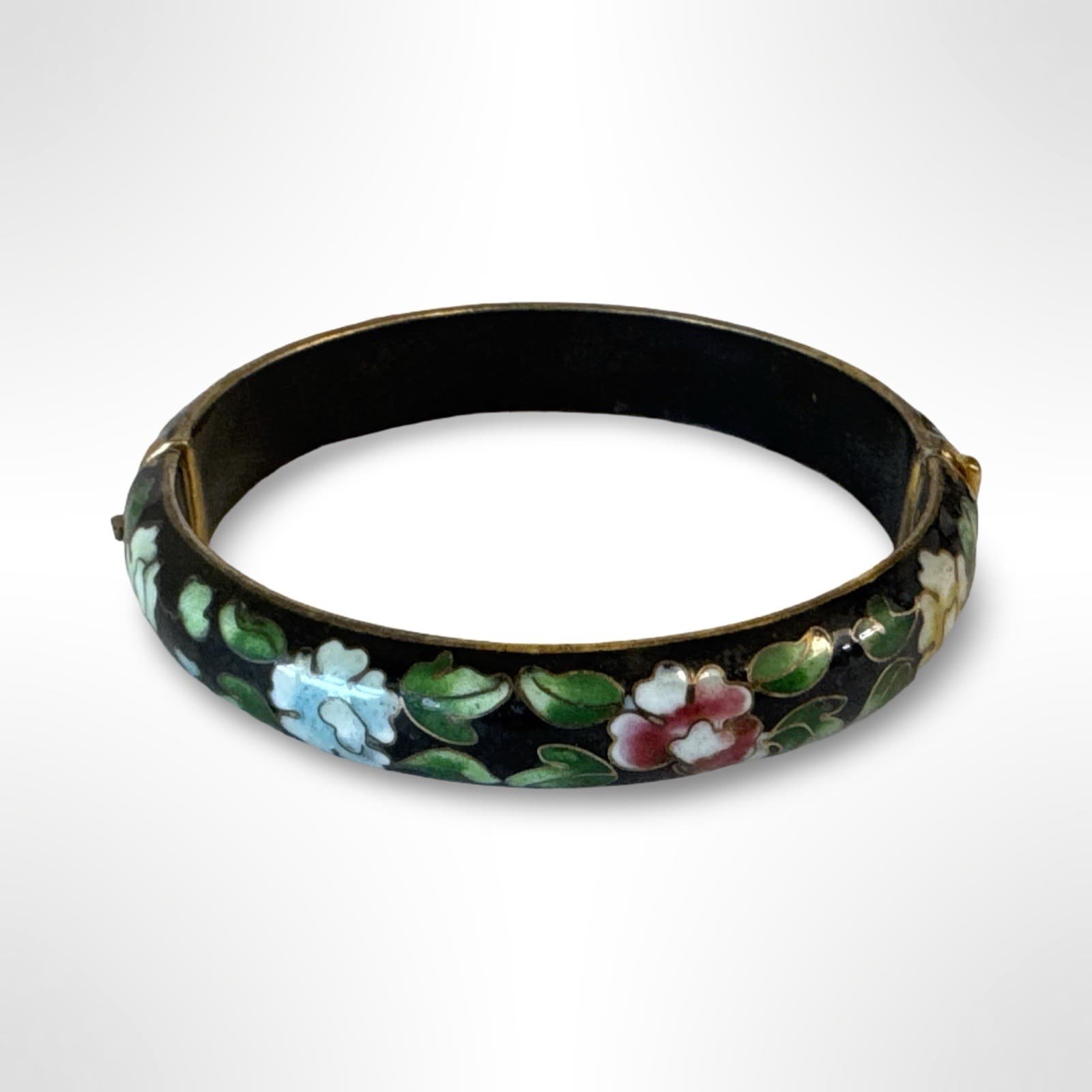 Vintage Cloisonné Bracelet Bangle Hinged Black Enamel Blue Pink White Flowers - Thumbnail 3