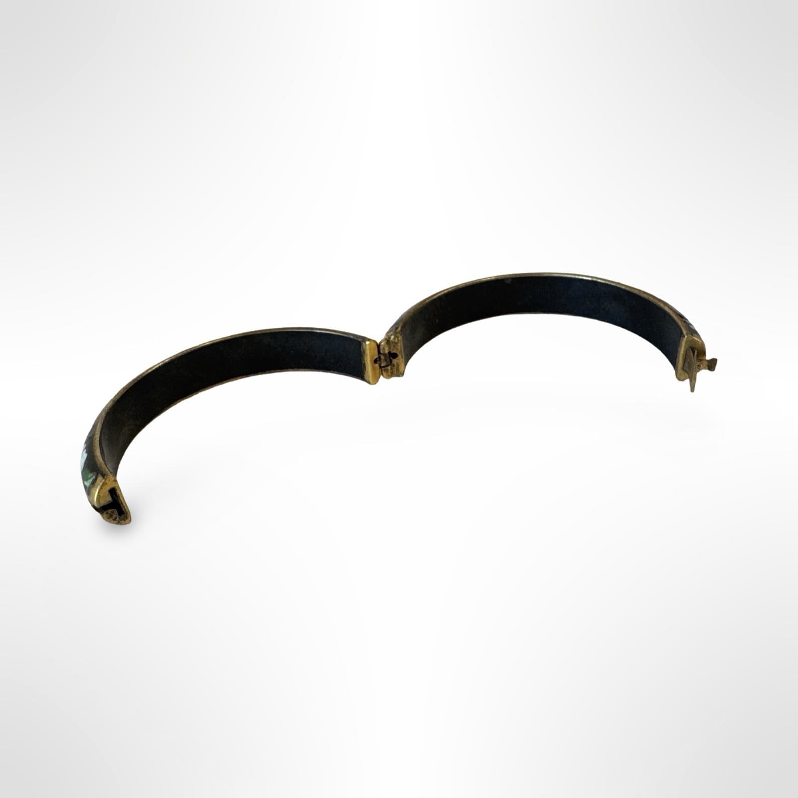 Vintage Cloisonné Bracelet Bangle Hinged Black Enamel Blue Pink White Flowers - Thumbnail 6