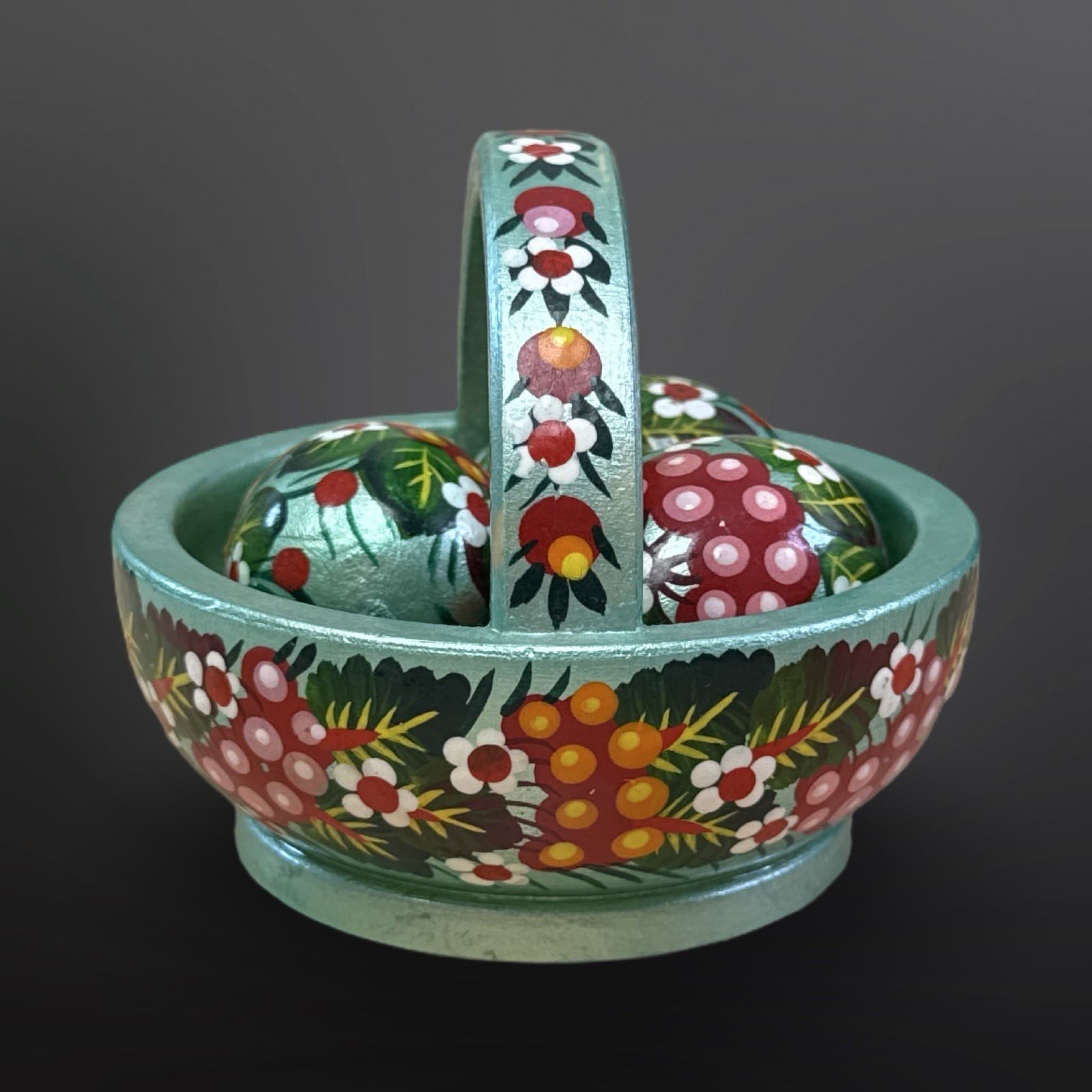 Hand Painted Wooden Basket and Eggs Ukrainian Detailed Birds Pysanka Folk Art - Thumbnail 4