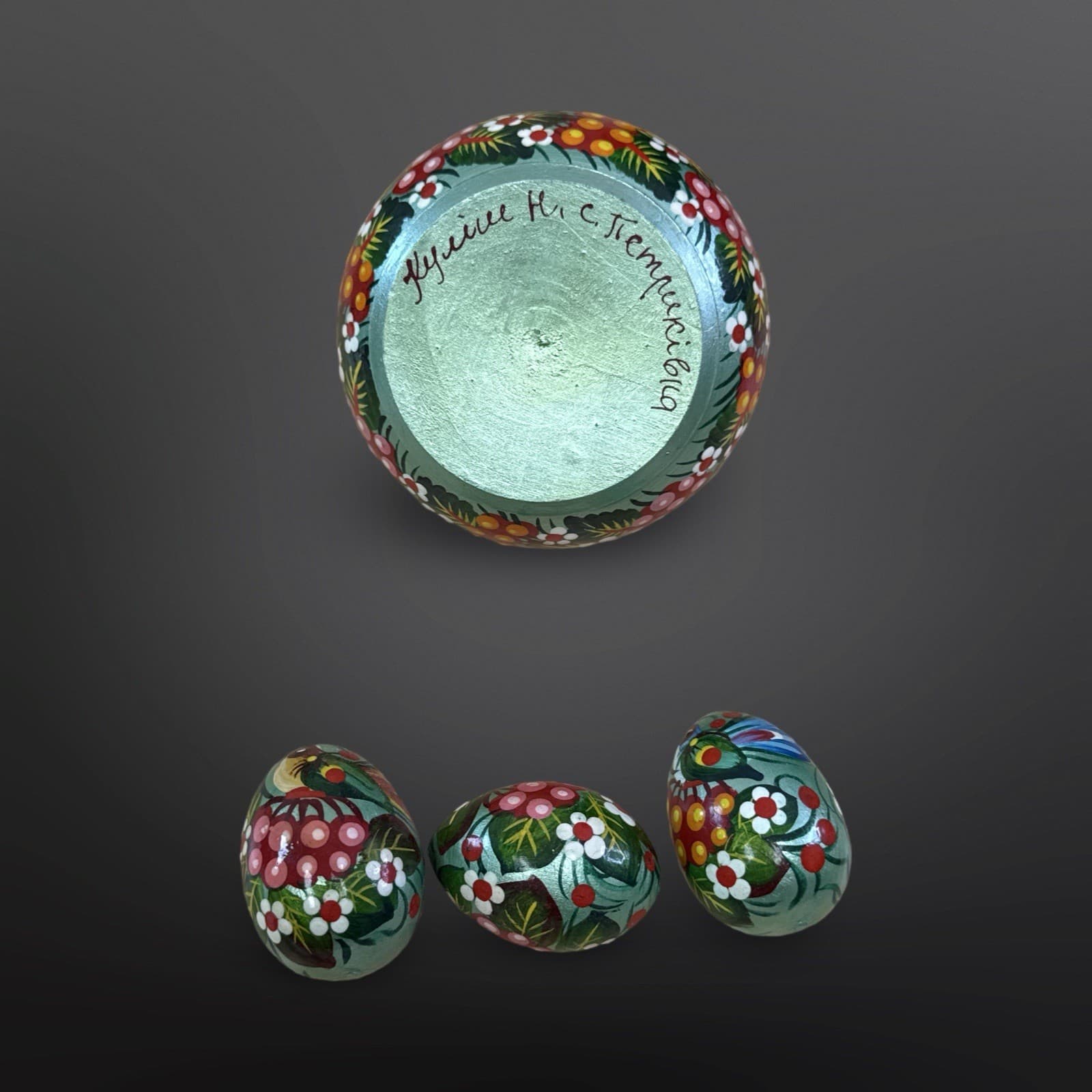 Hand Painted Wooden Basket and Eggs Ukrainian Detailed Birds Pysanka Folk Art - Thumbnail 5