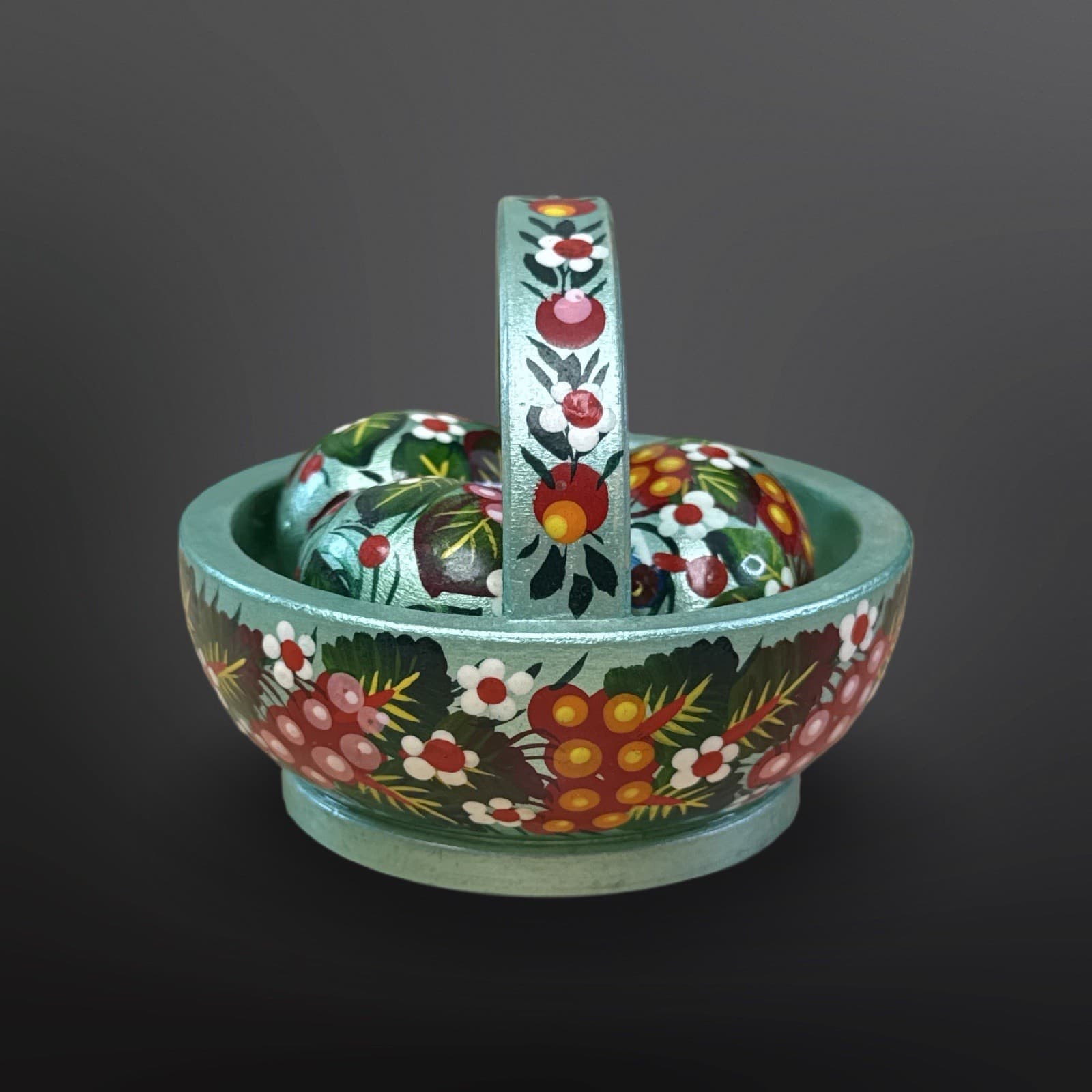 Hand Painted Wooden Basket and Eggs Ukrainian Detailed Birds Pysanka Folk Art - Thumbnail 2