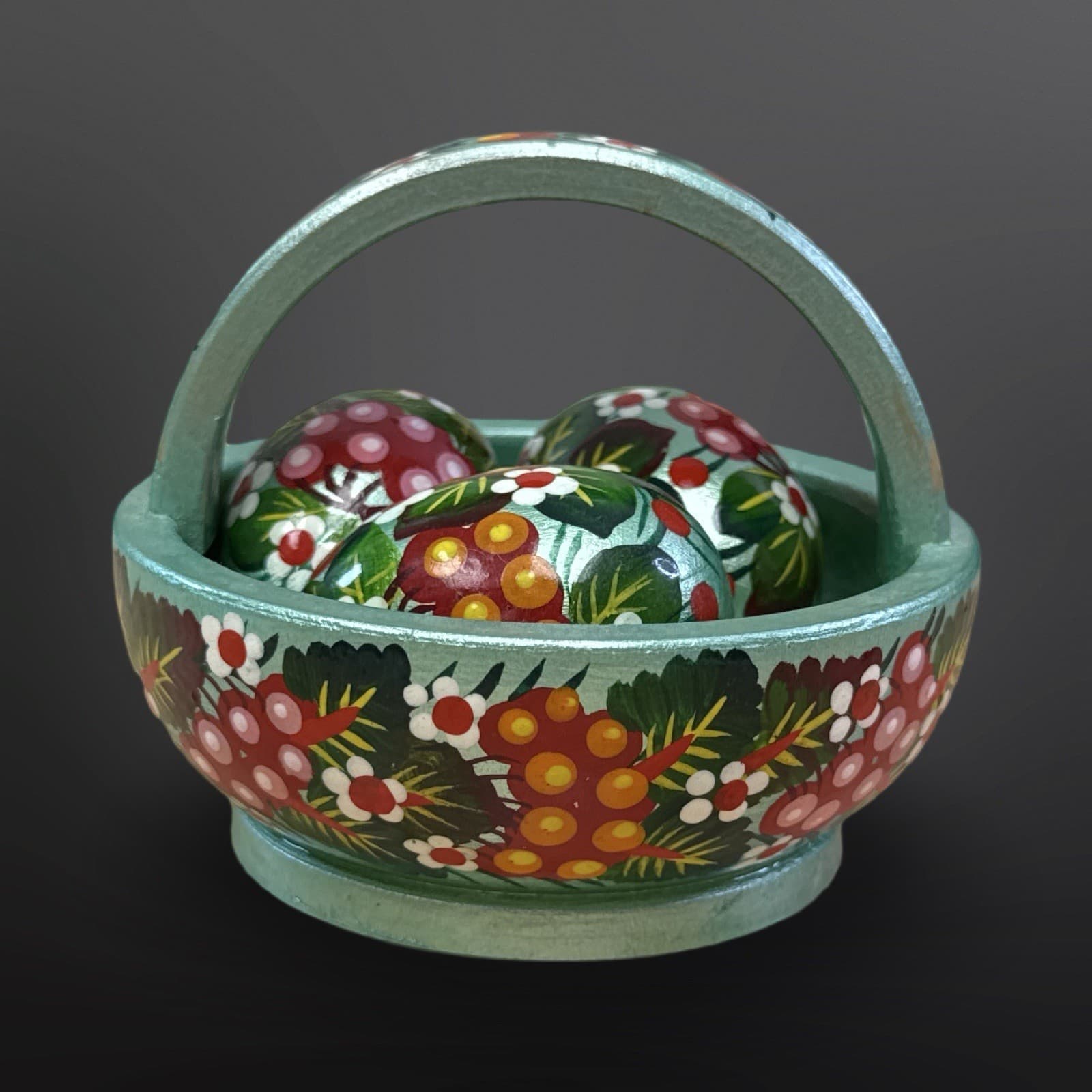 Hand Painted Wooden Basket and Eggs Ukrainian Detailed Birds Pysanka Folk Art - Thumbnail 3