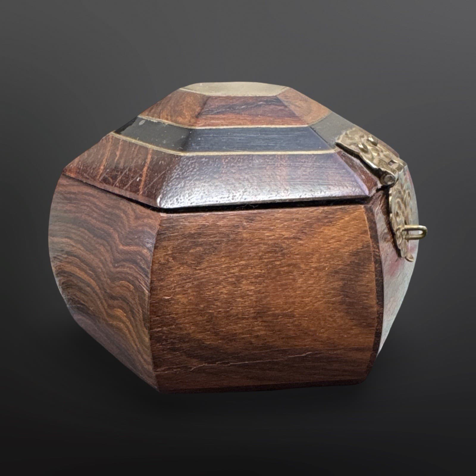 Hexagon Wooden Box With Inlay/Brass Accents Sapphire Blue Lining Vintage - Thumbnail 2