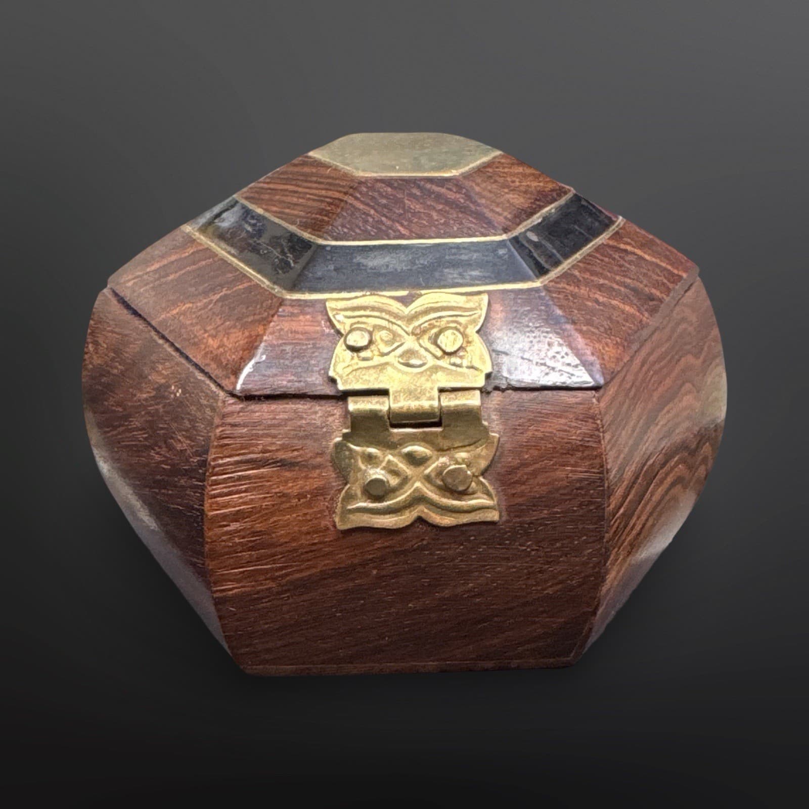 Hexagon Wooden Box With Inlay/Brass Accents Sapphire Blue Lining Vintage - Thumbnail 4