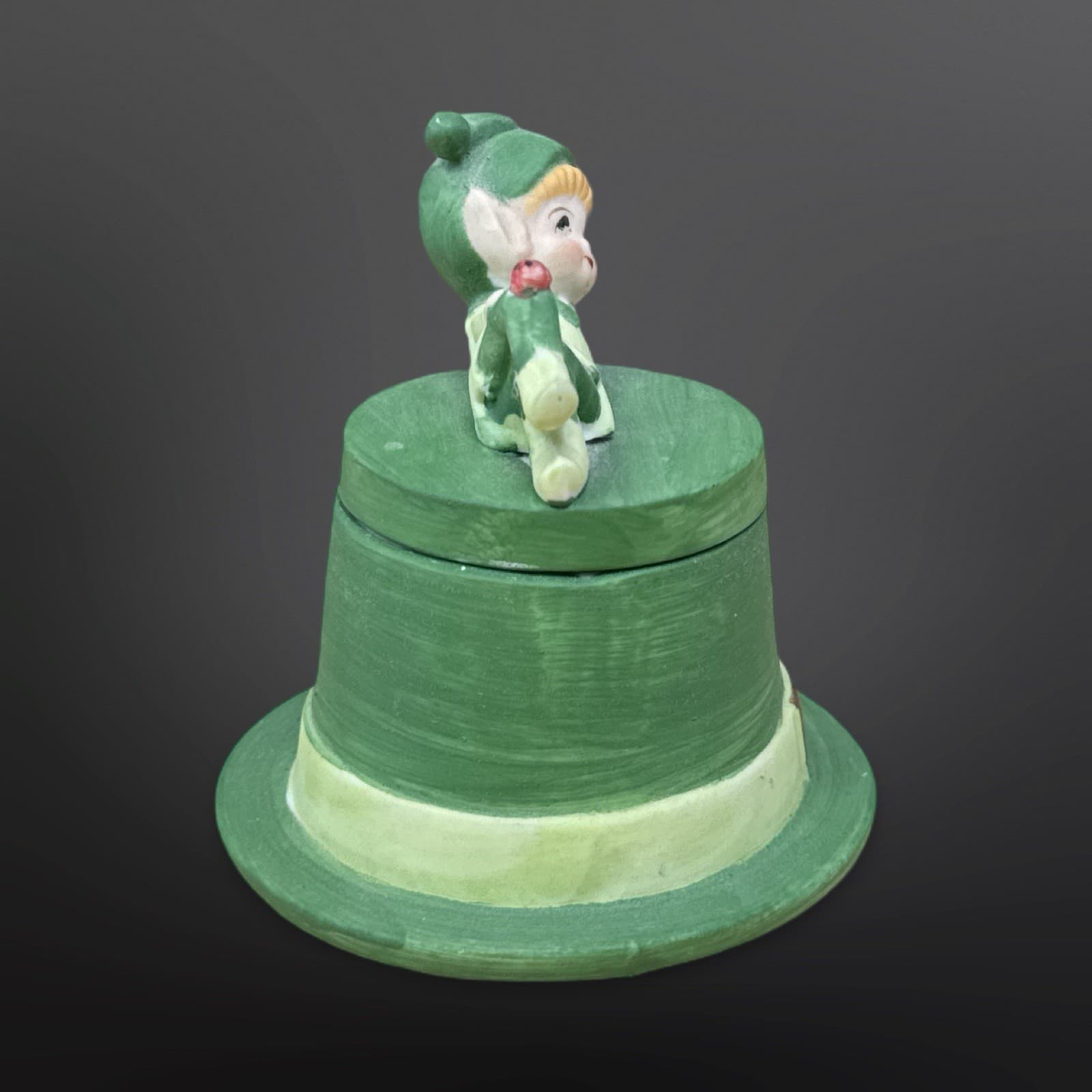 Vintage Lego Matte Ceramic Pixie Elf W/Ladybug Laying On Green Top Hat Candle - Thumbnail 4