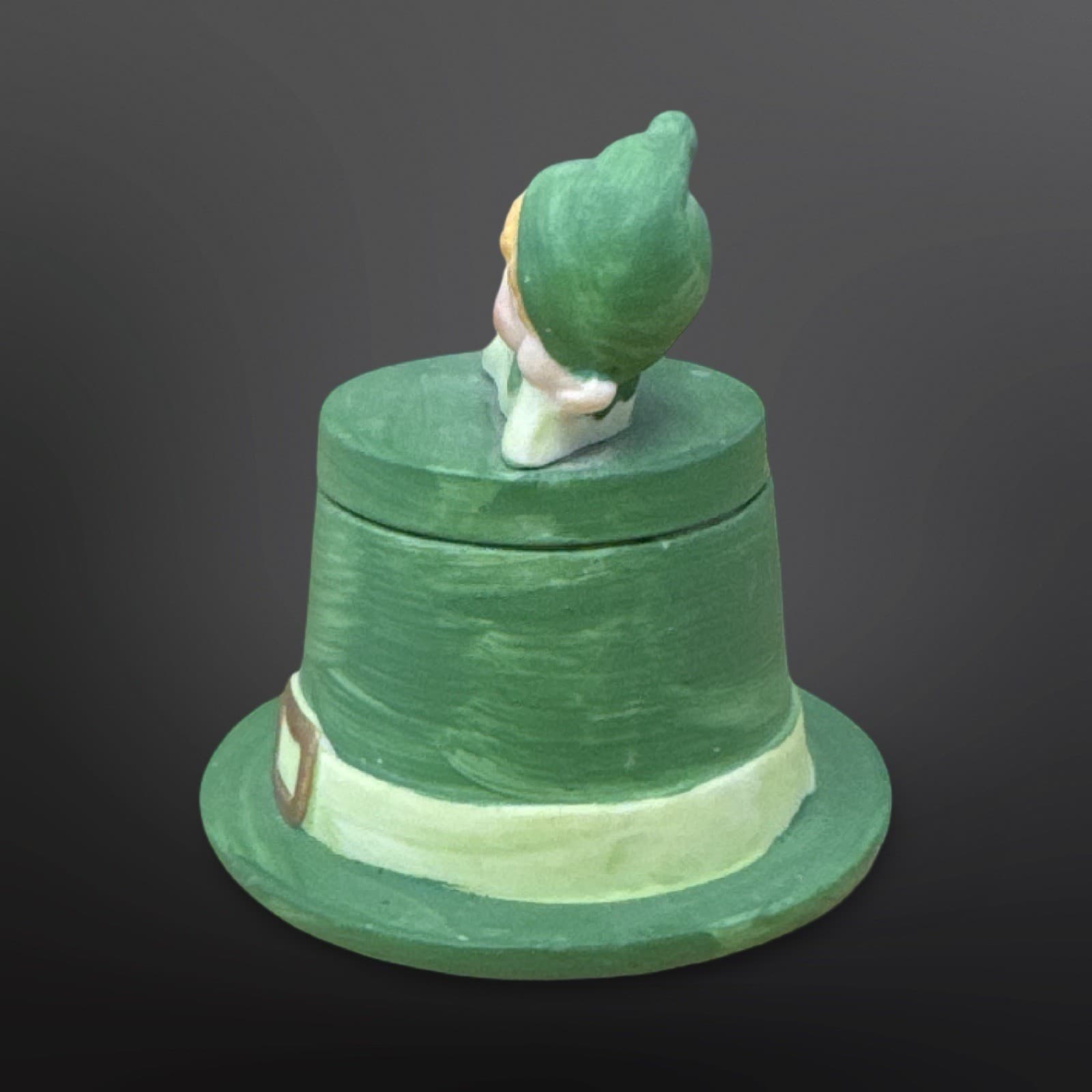 Vintage Lego Matte Ceramic Pixie Elf W/Ladybug Laying On Green Top Hat Candle - Thumbnail 2