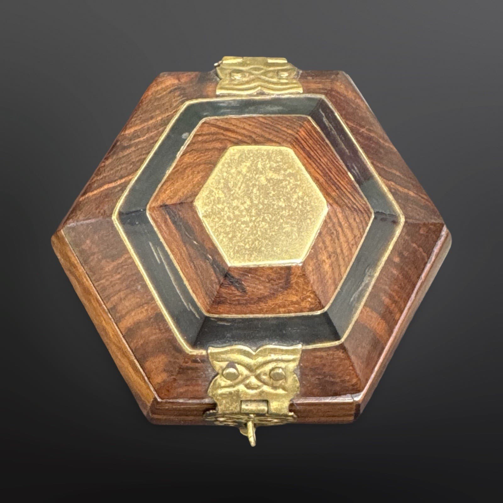 Hexagon Wooden Box With Inlay/Brass Accents Sapphire Blue Lining Vintage - Thumbnail 7