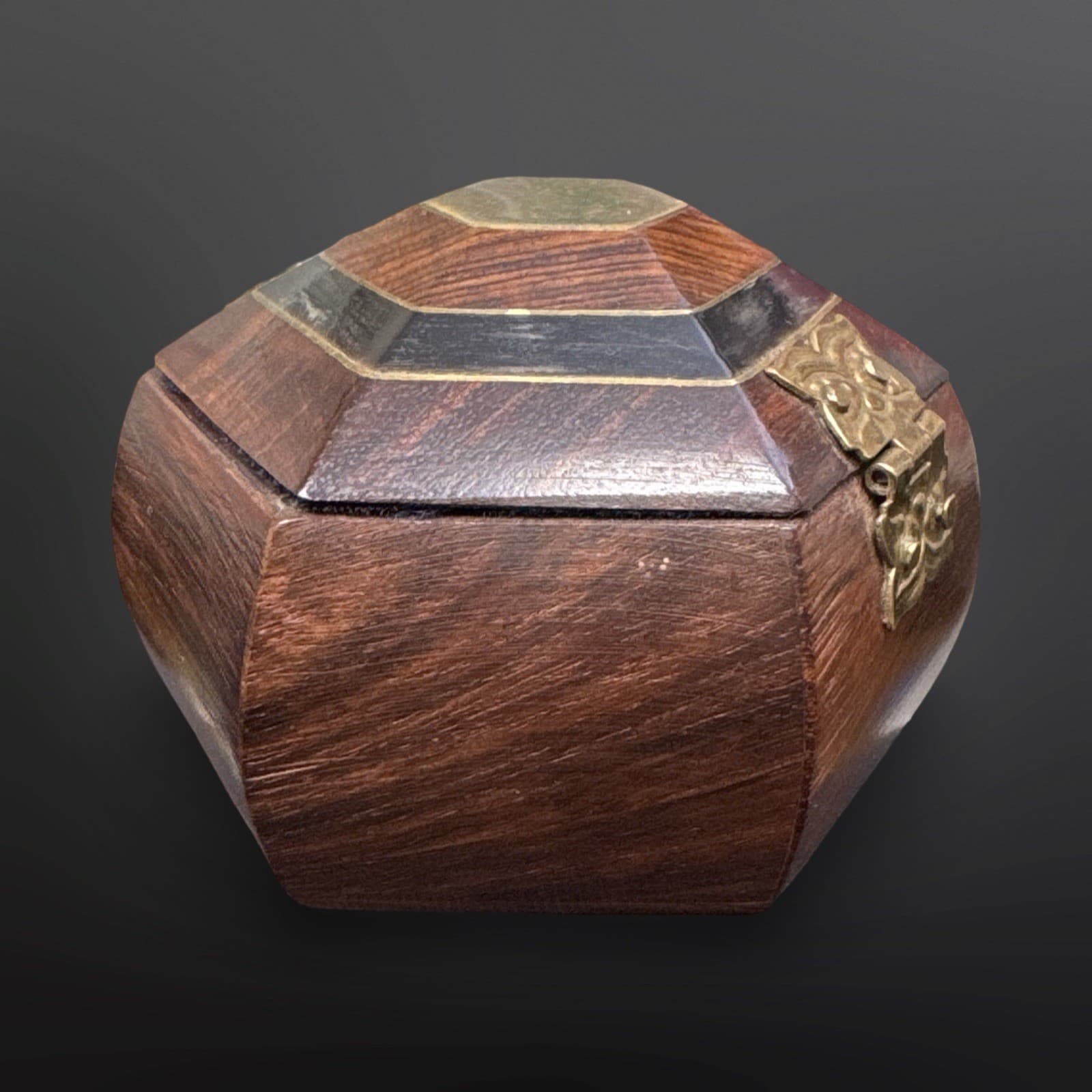 Hexagon Wooden Box With Inlay/Brass Accents Sapphire Blue Lining Vintage - Thumbnail 5