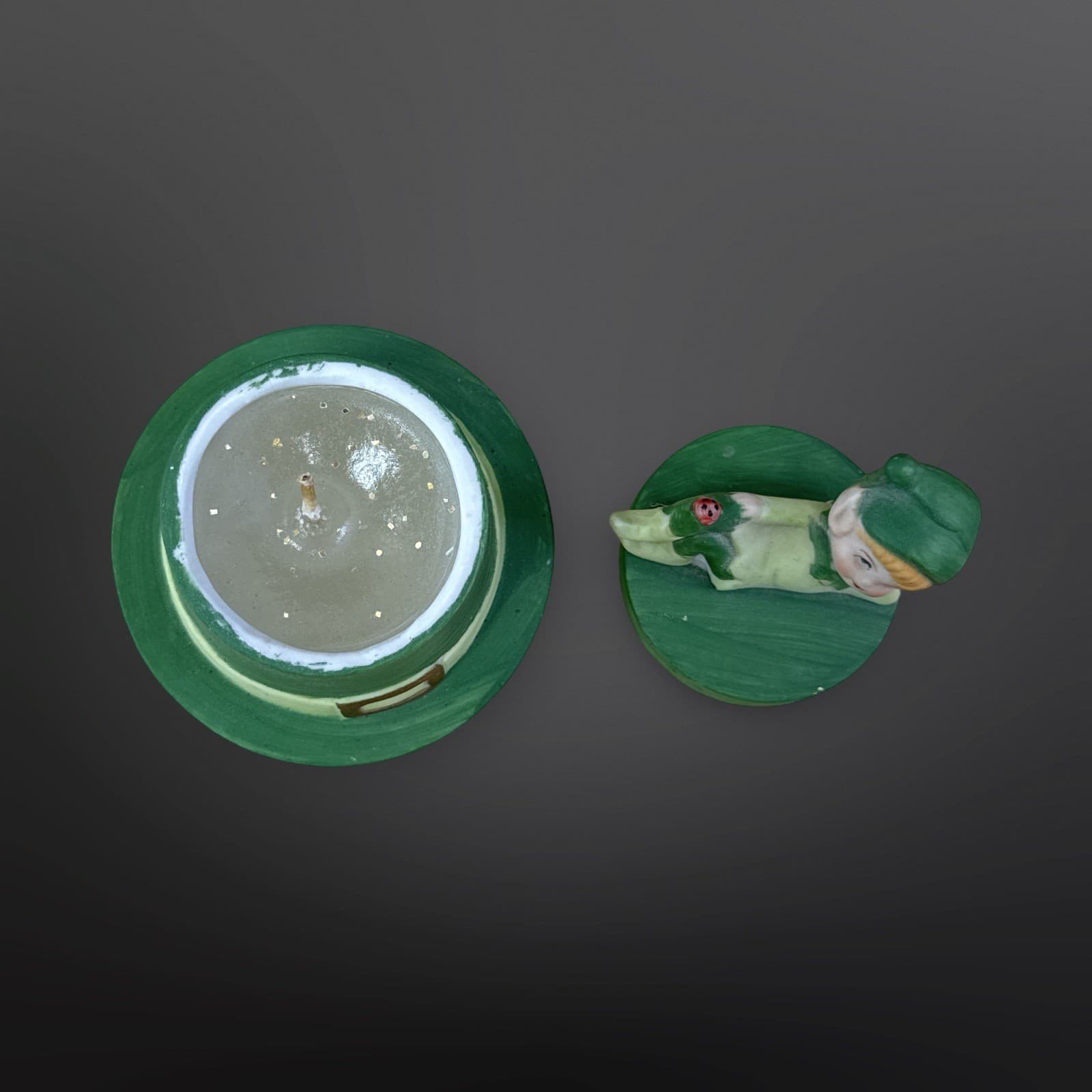 Vintage Lego Matte Ceramic Pixie Elf W/Ladybug Laying On Green Top Hat Candle - Thumbnail 6