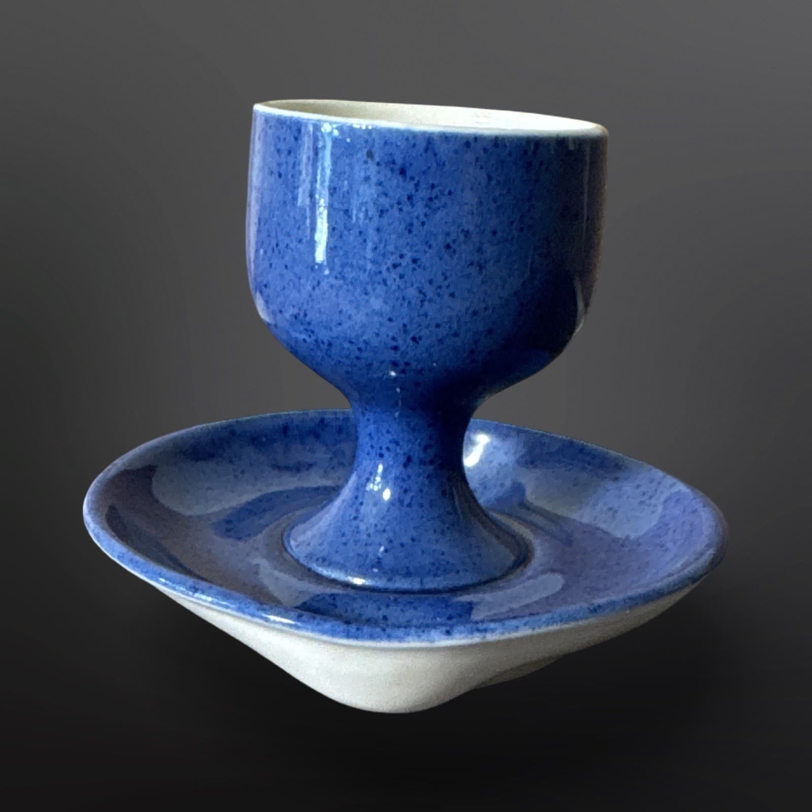 Vintage Moorcroft Pottery Royal Blue Egg Cup with Fixed Tray Made In England - Thumbnail 4