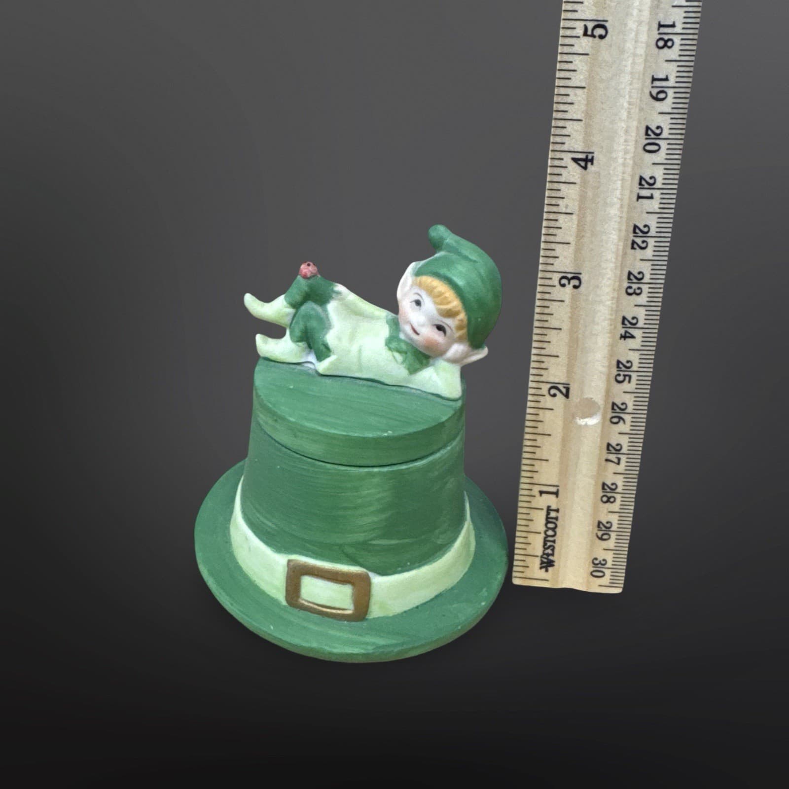 Vintage Lego Matte Ceramic Pixie Elf W/Ladybug Laying On Green Top Hat Candle - Thumbnail 8