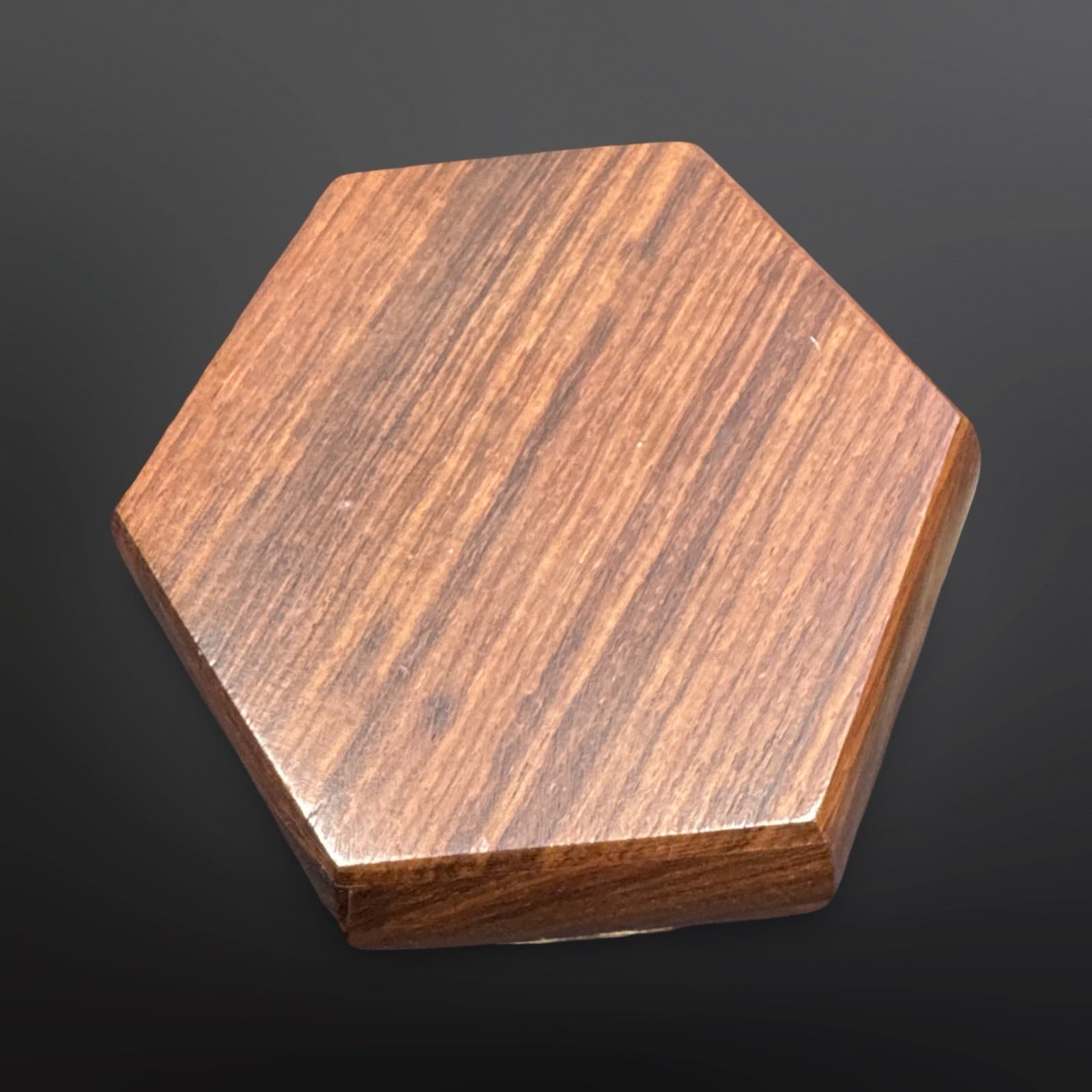 Hexagon Wooden Box With Inlay/Brass Accents Sapphire Blue Lining Vintage - Thumbnail 9