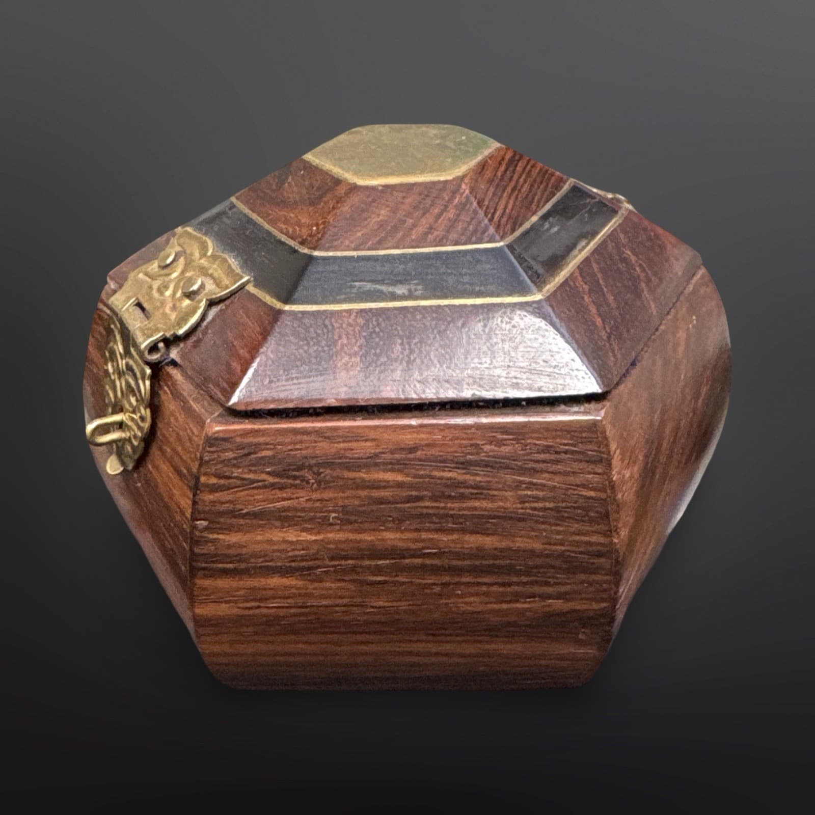 Hexagon Wooden Box With Inlay/Brass Accents Sapphire Blue Lining Vintage - Thumbnail 6