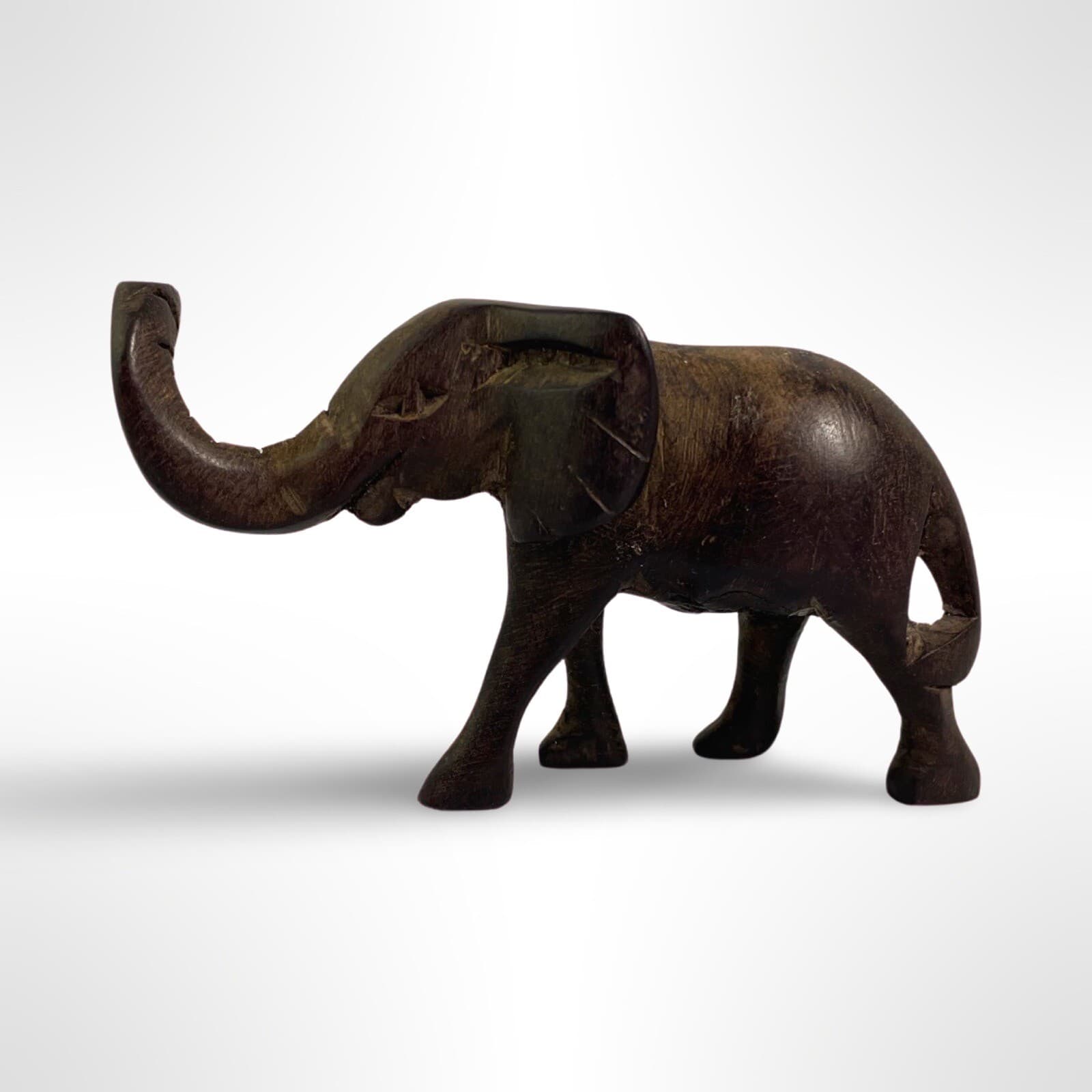 Small Hand Carved Wooden Elephant Figurine Trunk Up For Good Luck No Tusks - Thumbnail 5